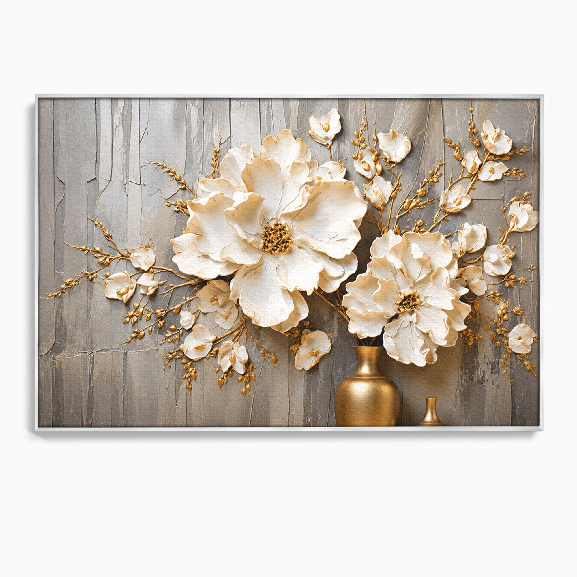 Tablou Canvas Premium LuxCanva® A1866, Flori Albe Pe Perete Texturat, Flori, Texturat, Arta, Eleganta, Living, Dormitor, Culori Vibrante