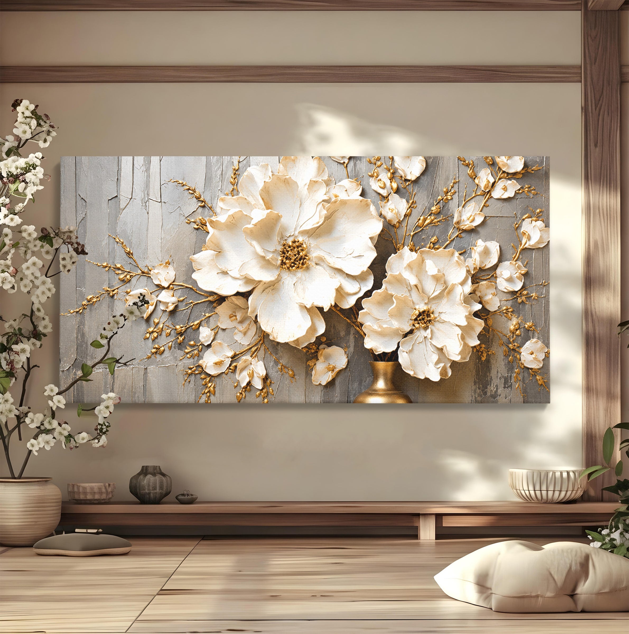 Tablou Canvas Premium LuxCanva® A1866, Flori Albe Pe Perete Texturat, Flori, Texturat, Arta, Eleganta, Living, Dormitor, Culori Vibrante