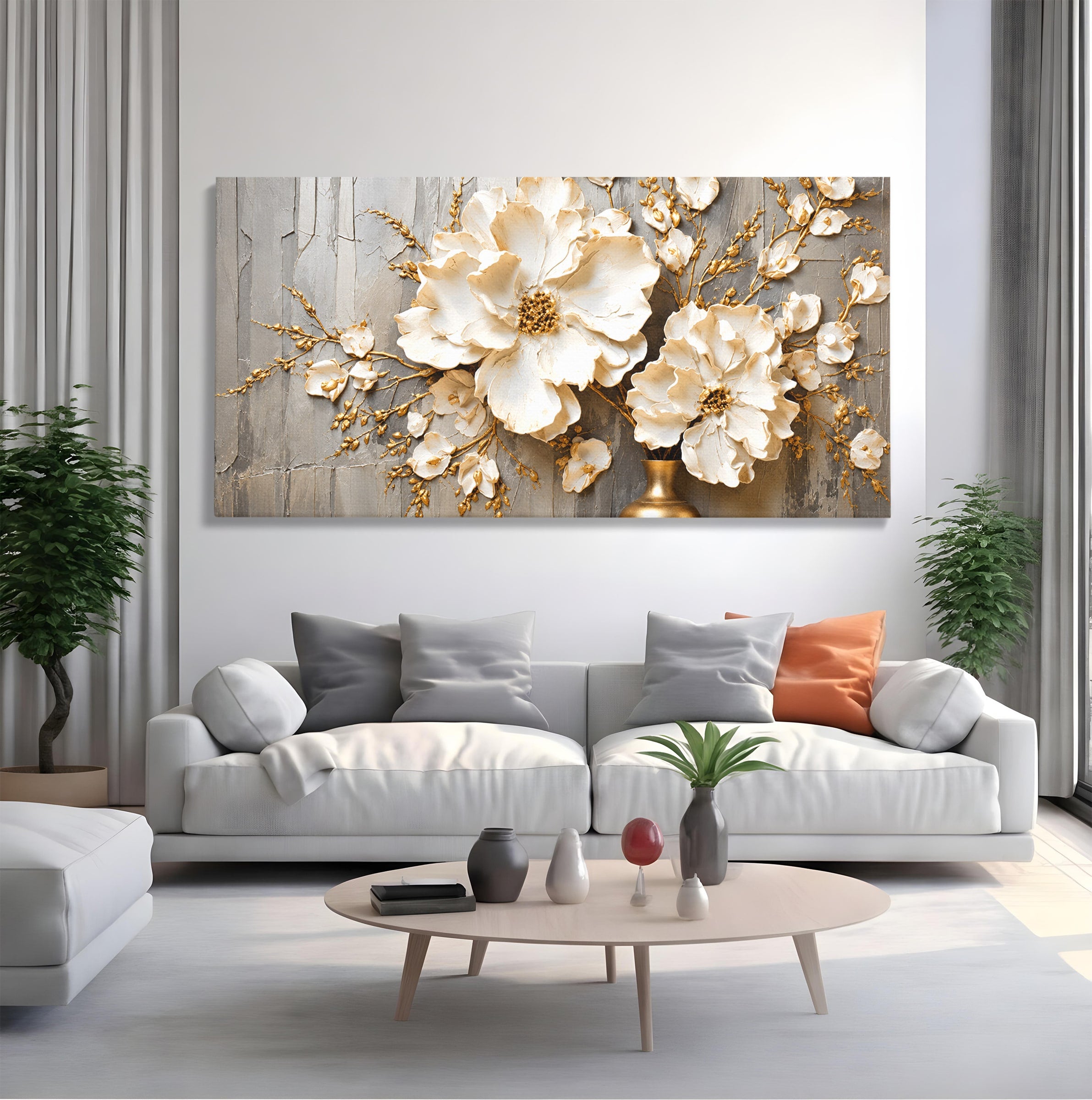 Tablou Canvas Premium LuxCanva® A1866, Flori Albe Pe Perete Texturat, Flori, Texturat, Arta, Eleganta, Living, Dormitor, Culori Vibrante