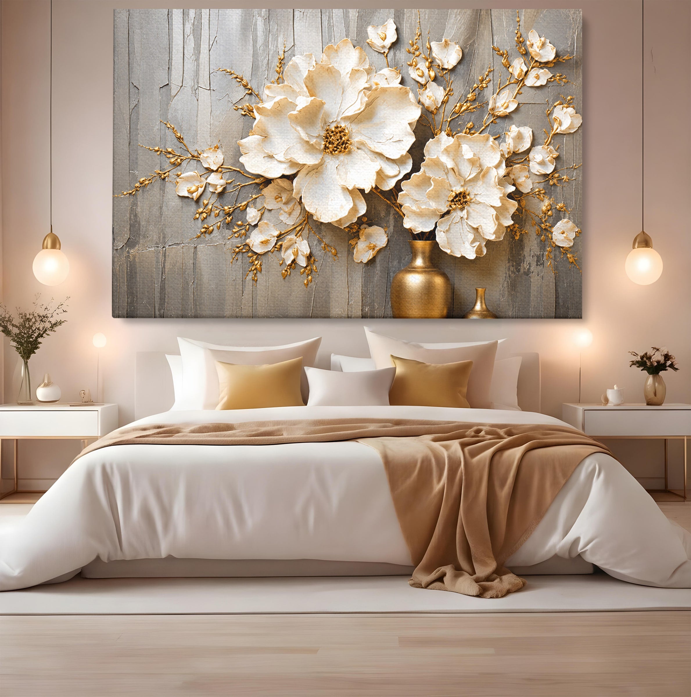Tablou Canvas Premium LuxCanva® A1866, Flori Albe Pe Perete Texturat, Flori, Texturat, Arta, Eleganta, Living, Dormitor, Culori Vibrante