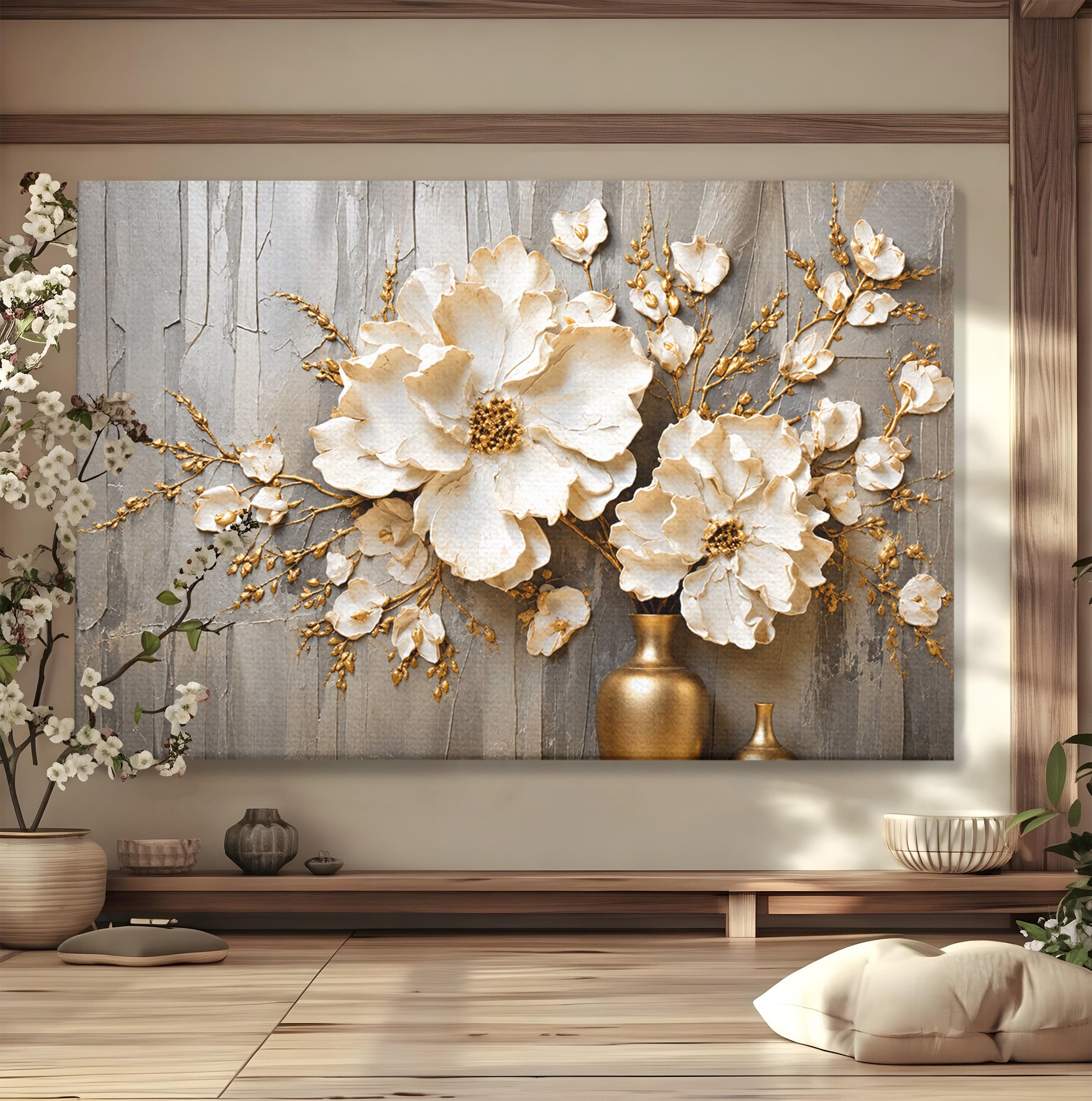 Tablou Canvas Premium LuxCanva® A1866, Flori Albe Pe Perete Texturat, Flori, Texturat, Arta, Eleganta, Living, Dormitor, Culori Vibrante