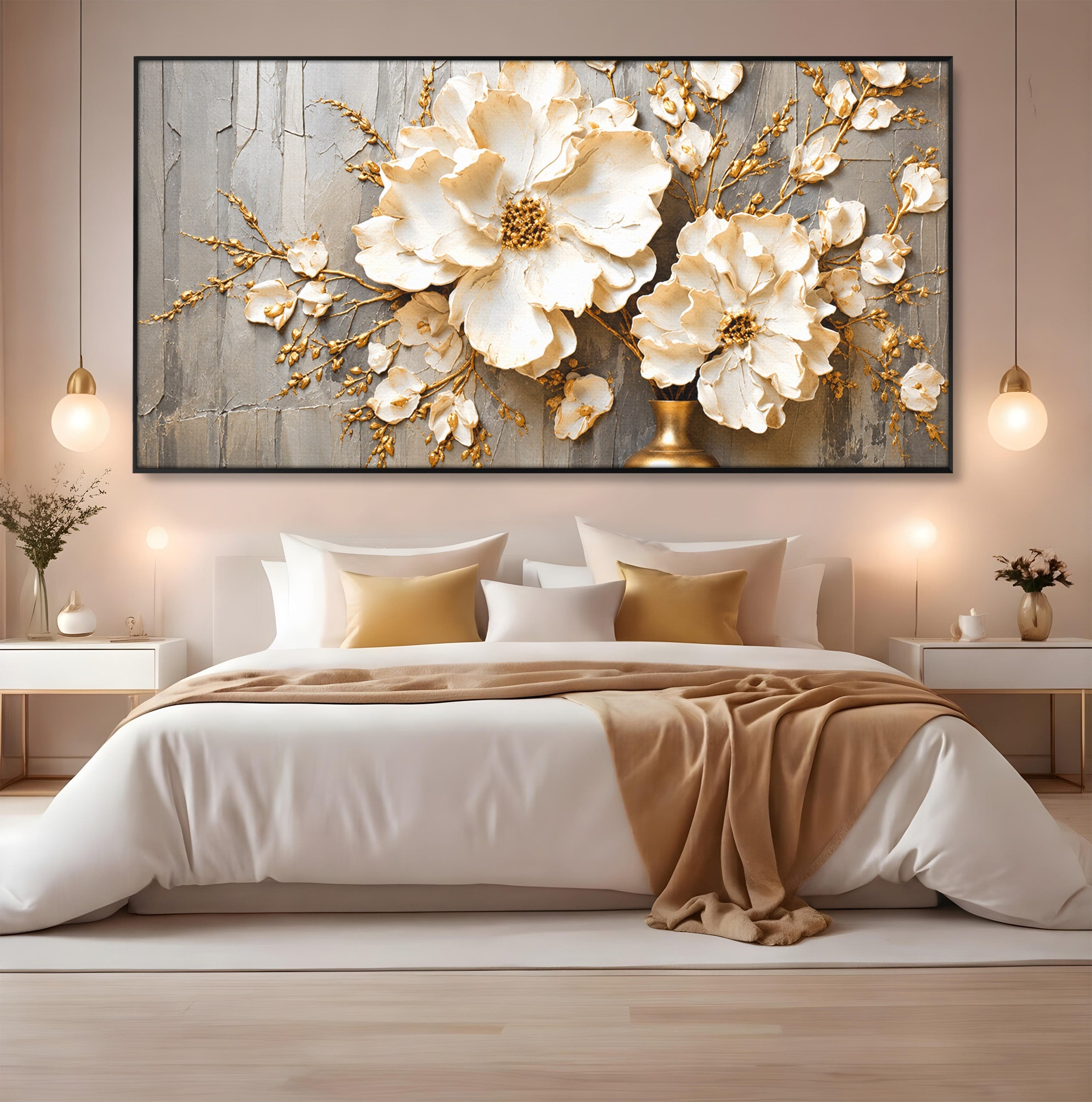 Tablou Canvas Premium LuxCanva® A1866, Flori Albe Pe Perete Texturat, Flori, Texturat, Arta, Eleganta, Living, Dormitor, Culori Vibrante