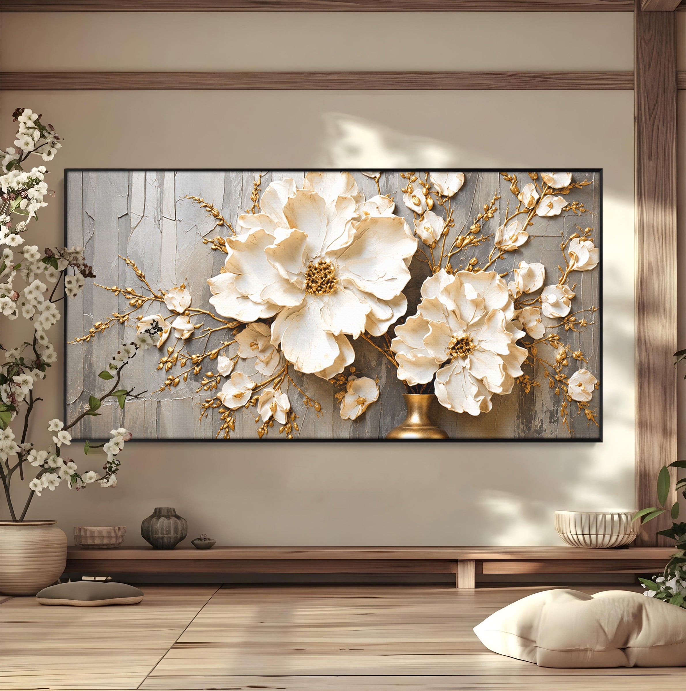 Tablou Canvas Premium LuxCanva® A1866, Flori Albe Pe Perete Texturat, Flori, Texturat, Arta, Eleganta, Living, Dormitor, Culori Vibrante