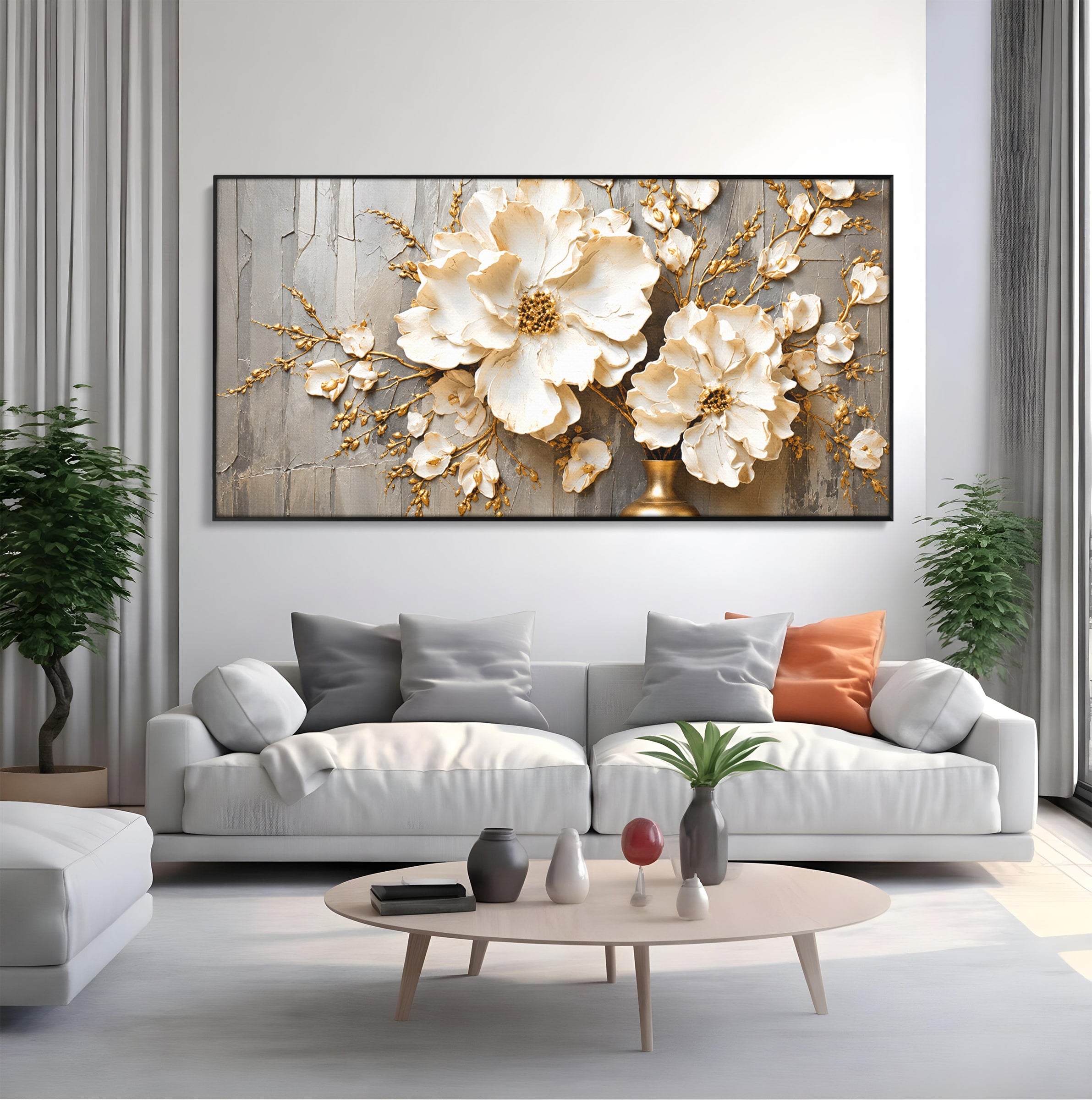 Tablou Canvas Premium LuxCanva® A1866, Flori Albe Pe Perete Texturat, Flori, Texturat, Arta, Eleganta, Living, Dormitor, Culori Vibrante