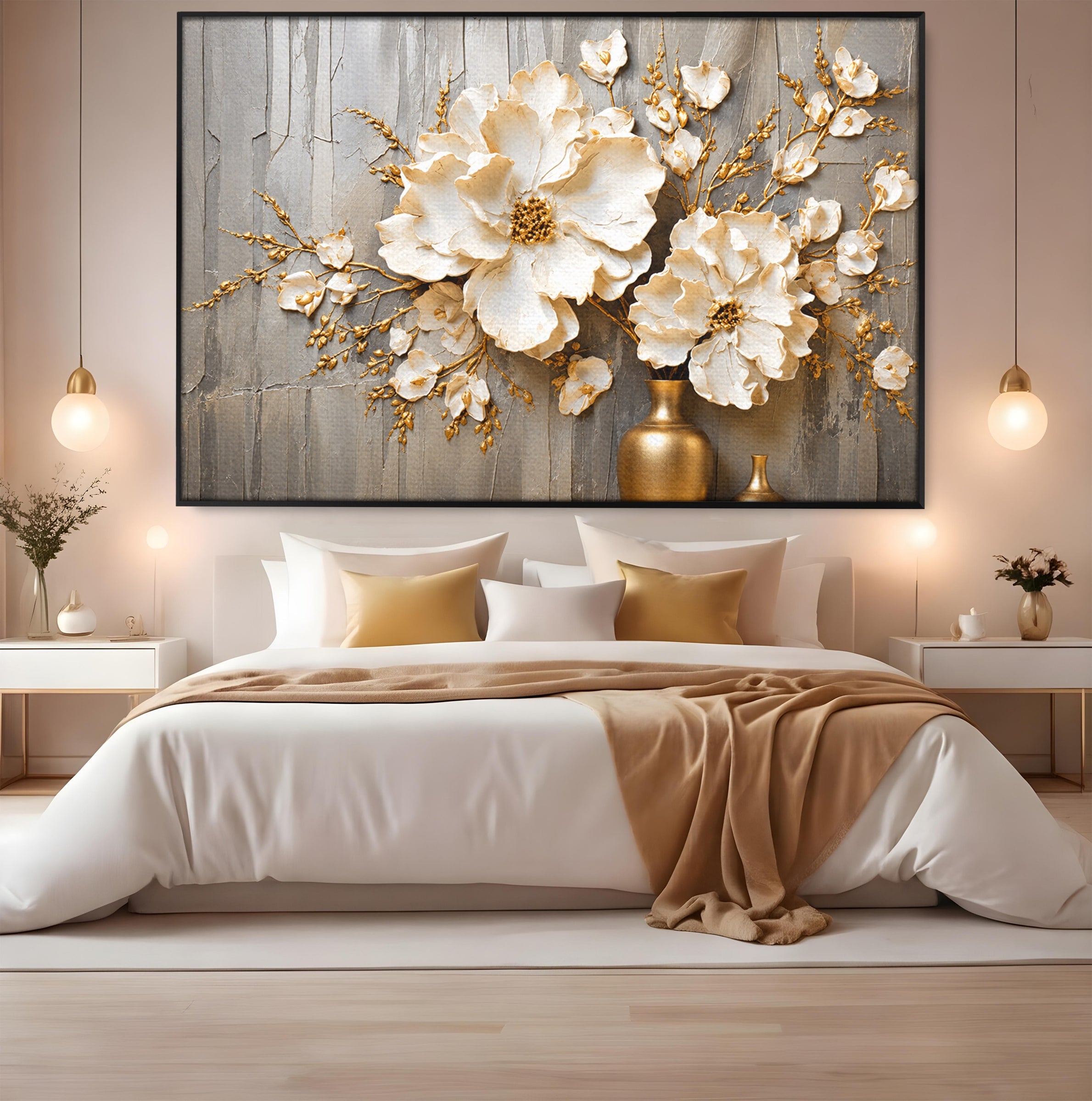Tablou Canvas Premium LuxCanva® A1866, Flori Albe Pe Perete Texturat, Flori, Texturat, Arta, Eleganta, Living, Dormitor, Culori Vibrante