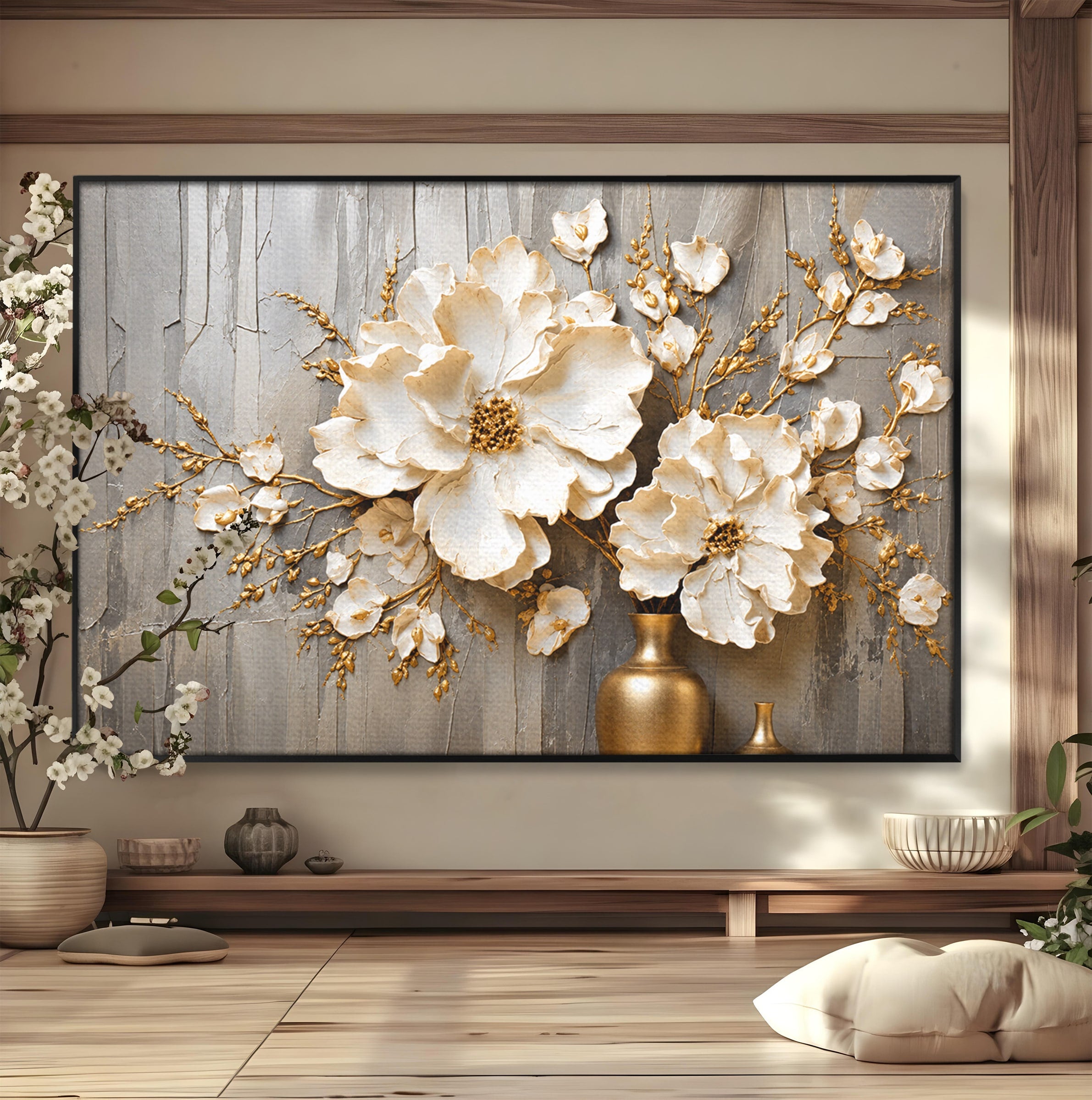 Tablou Canvas Premium LuxCanva® A1866, Flori Albe Pe Perete Texturat, Flori, Texturat, Arta, Eleganta, Living, Dormitor, Culori Vibrante