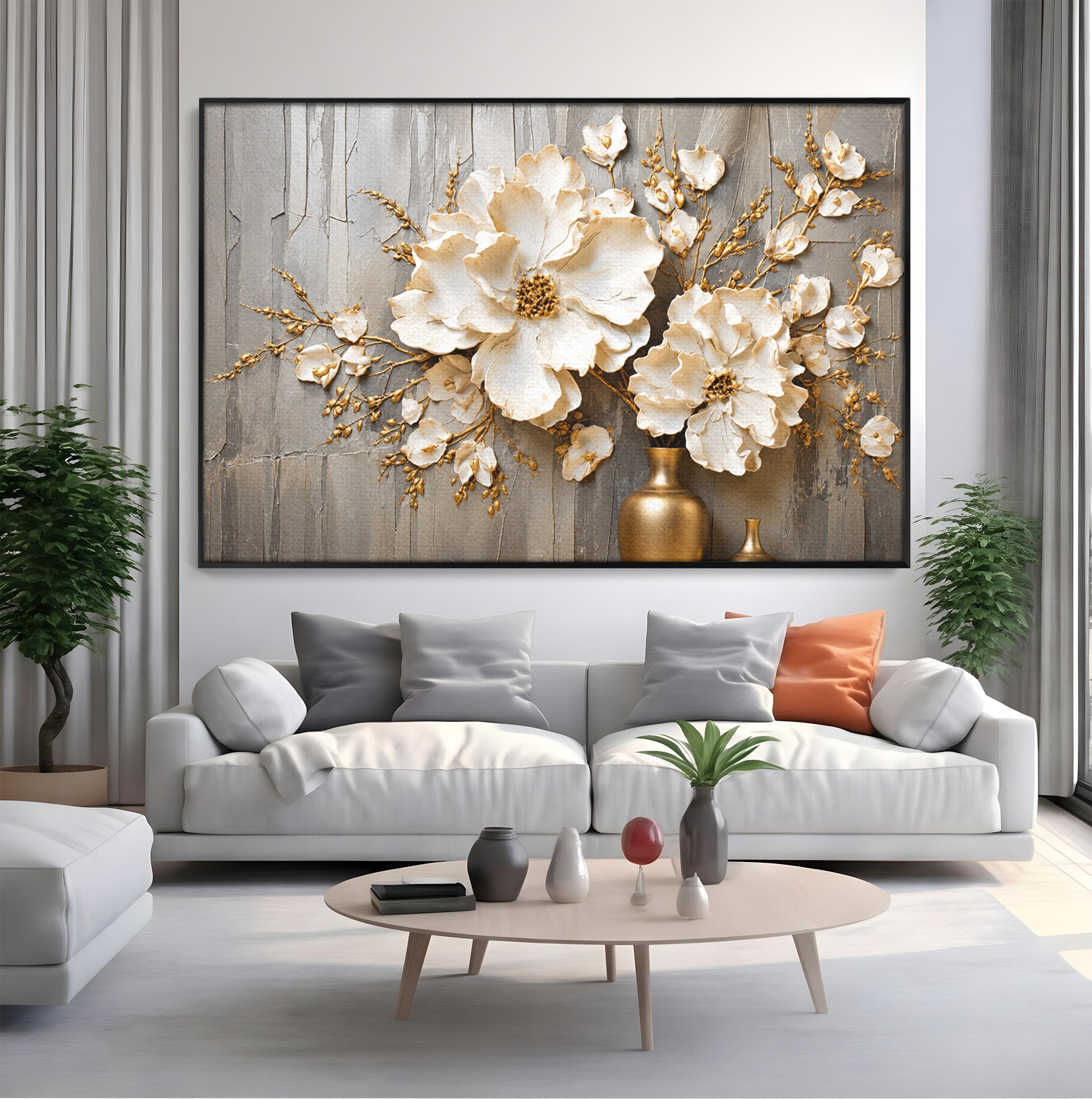 Tablou Canvas Premium LuxCanva® A1866, Flori Albe Pe Perete Texturat, Flori, Texturat, Arta, Eleganta, Living, Dormitor, Culori Vibrante