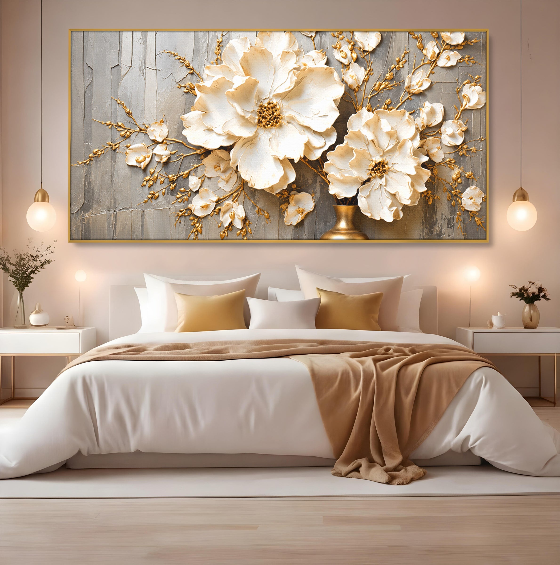 Tablou Canvas Premium LuxCanva® A1866, Flori Albe Pe Perete Texturat, Flori, Texturat, Arta, Eleganta, Living, Dormitor, Culori Vibrante