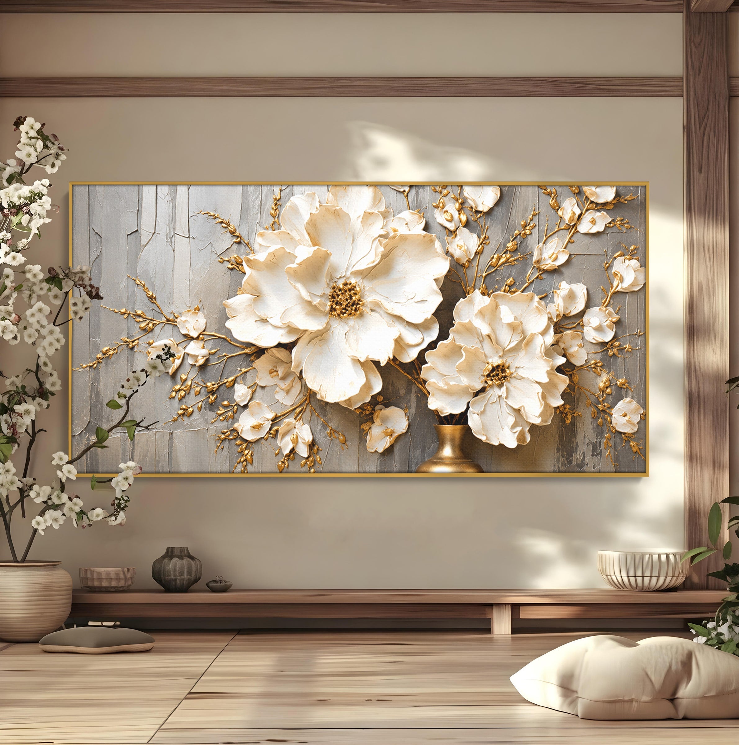 Tablou Canvas Premium LuxCanva® A1866, Flori Albe Pe Perete Texturat, Flori, Texturat, Arta, Eleganta, Living, Dormitor, Culori Vibrante