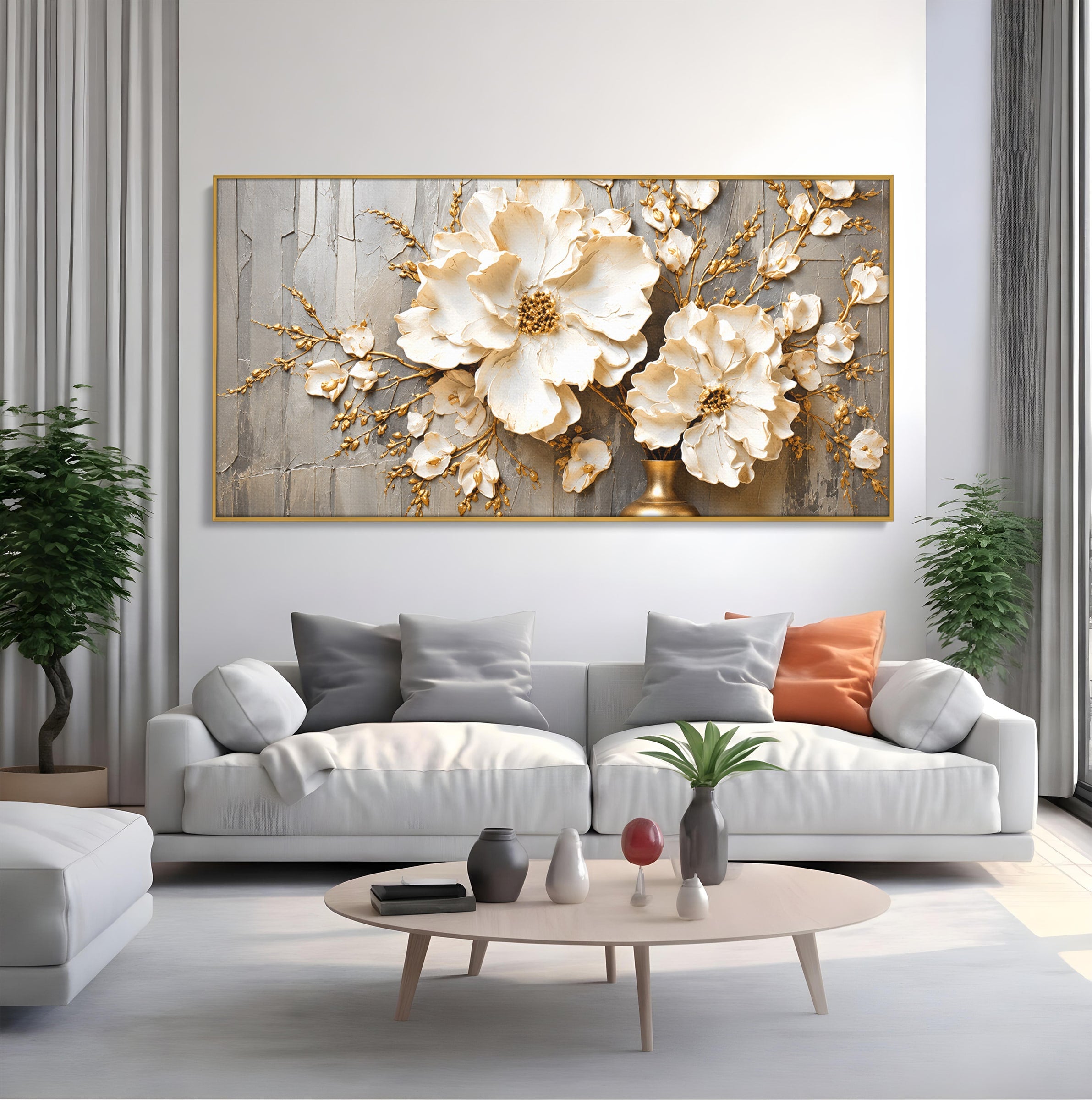 Tablou Canvas Premium LuxCanva® A1866, Flori Albe Pe Perete Texturat, Flori, Texturat, Arta, Eleganta, Living, Dormitor, Culori Vibrante