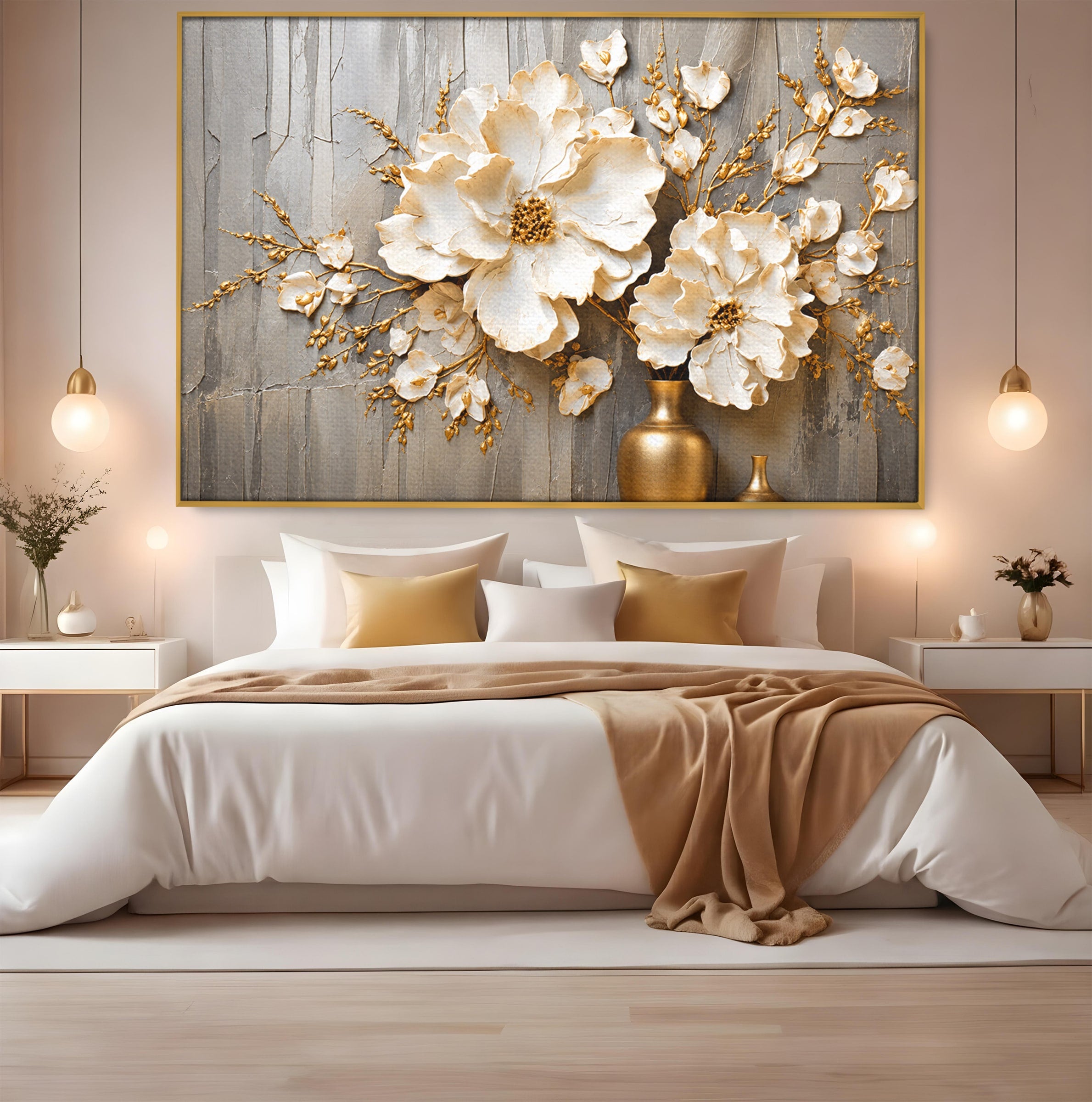 Tablou Canvas Premium LuxCanva® A1866, Flori Albe Pe Perete Texturat, Flori, Texturat, Arta, Eleganta, Living, Dormitor, Culori Vibrante