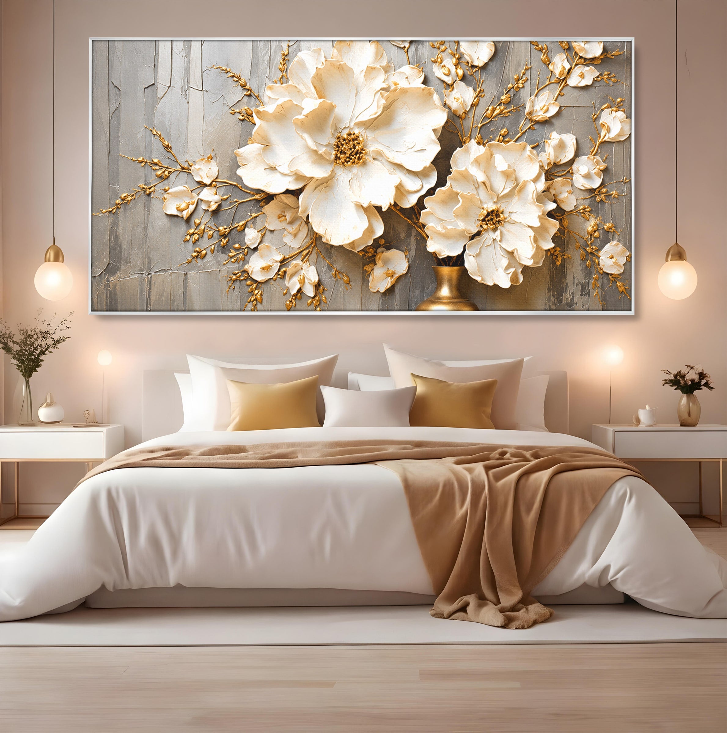 Tablou Canvas Premium LuxCanva® A1866, Flori Albe Pe Perete Texturat, Flori, Texturat, Arta, Eleganta, Living, Dormitor, Culori Vibrante