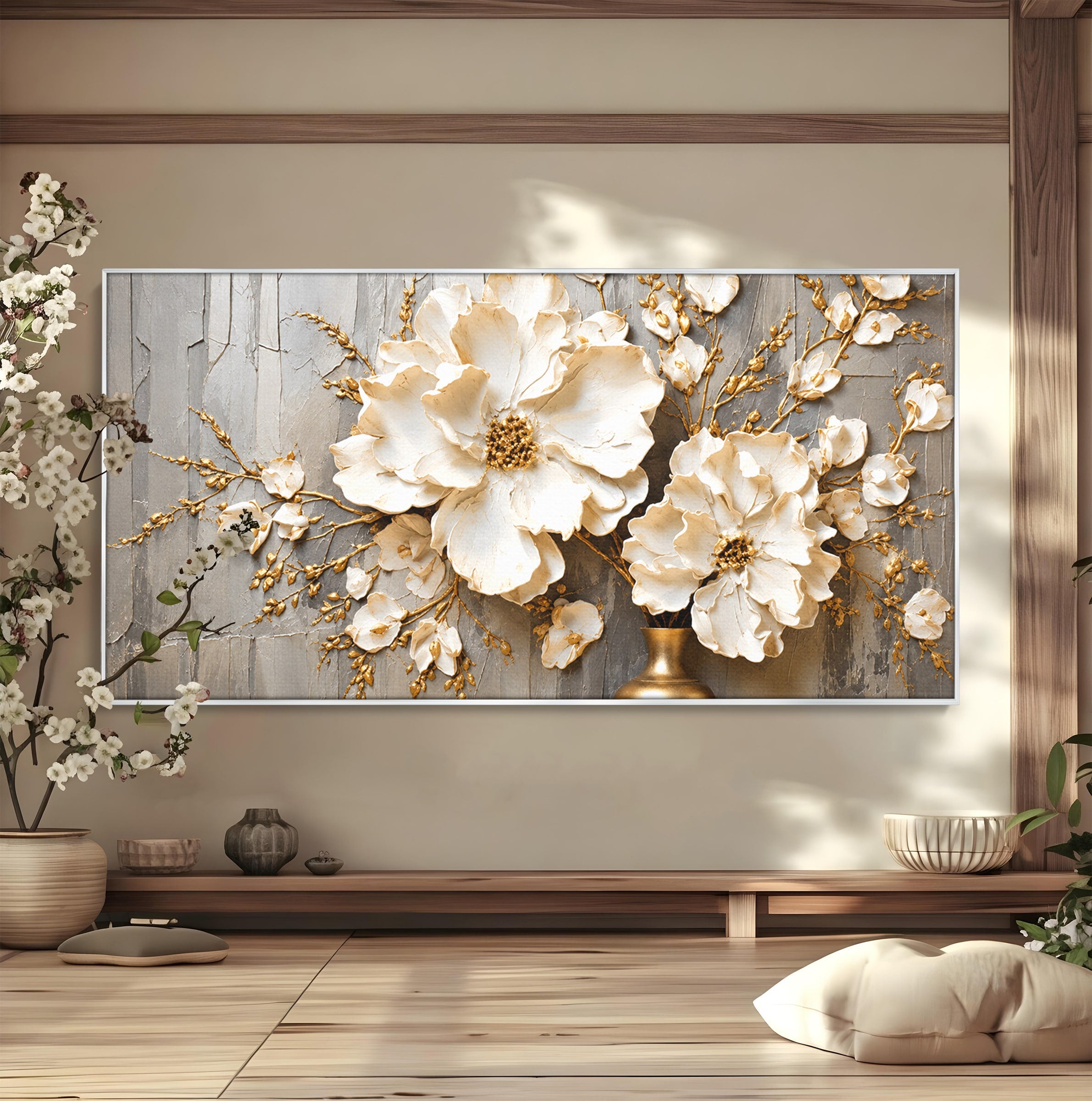 Tablou Canvas Premium LuxCanva® A1866, Flori Albe Pe Perete Texturat, Flori, Texturat, Arta, Eleganta, Living, Dormitor, Culori Vibrante