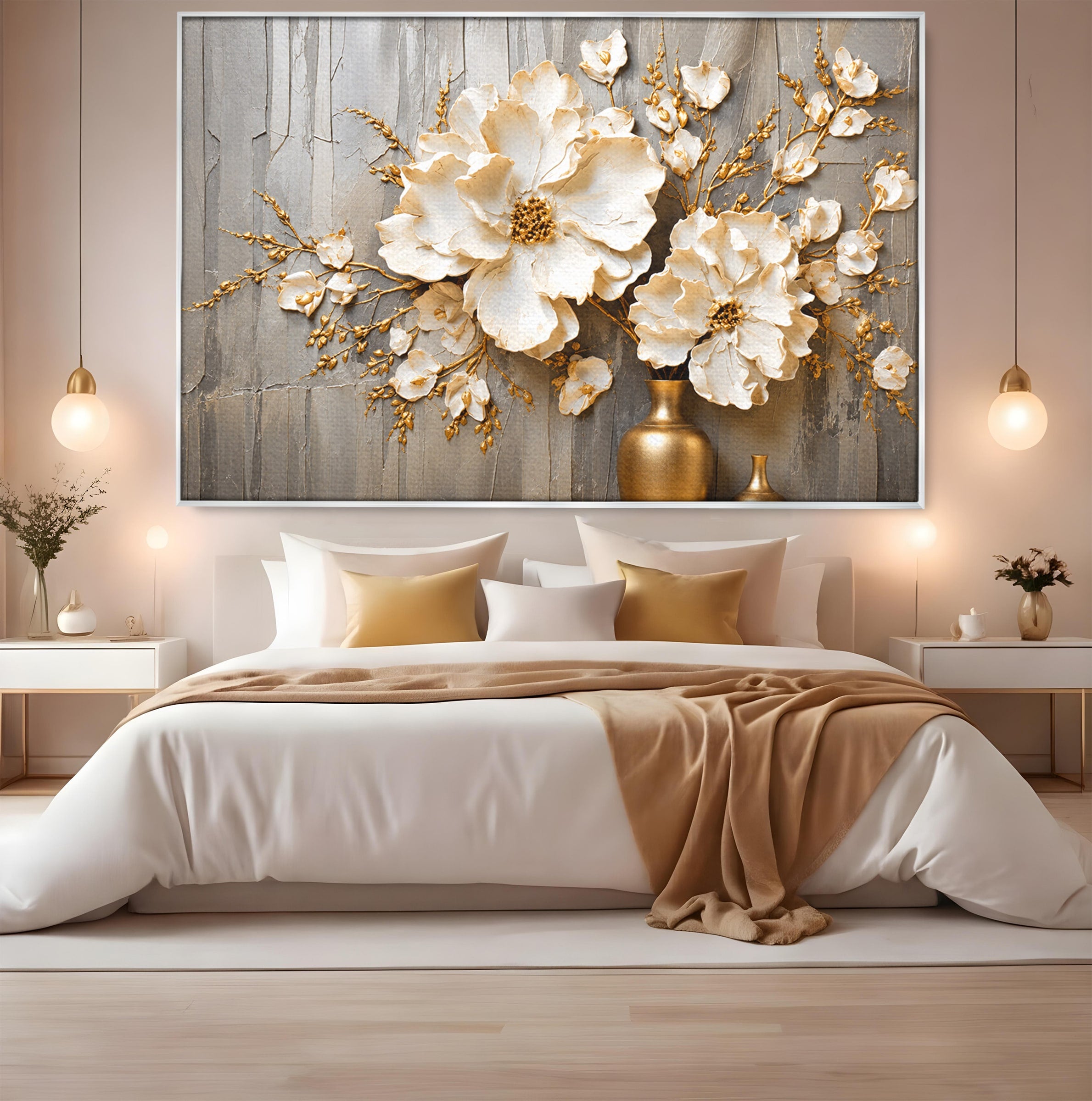 Tablou Canvas Premium LuxCanva® A1866, Flori Albe Pe Perete Texturat, Flori, Texturat, Arta, Eleganta, Living, Dormitor, Culori Vibrante