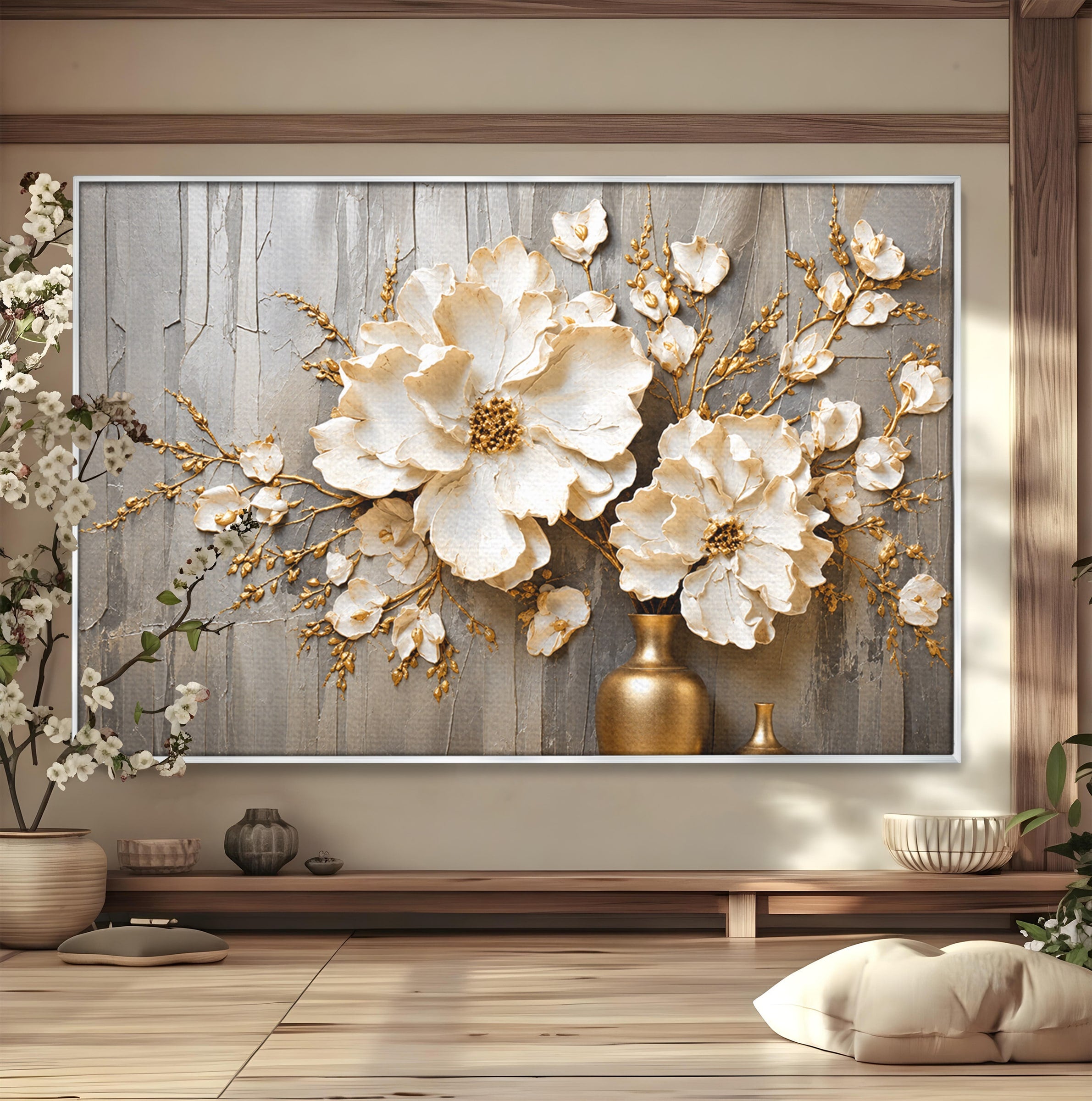 Tablou Canvas Premium LuxCanva® A1866, Flori Albe Pe Perete Texturat, Flori, Texturat, Arta, Eleganta, Living, Dormitor, Culori Vibrante