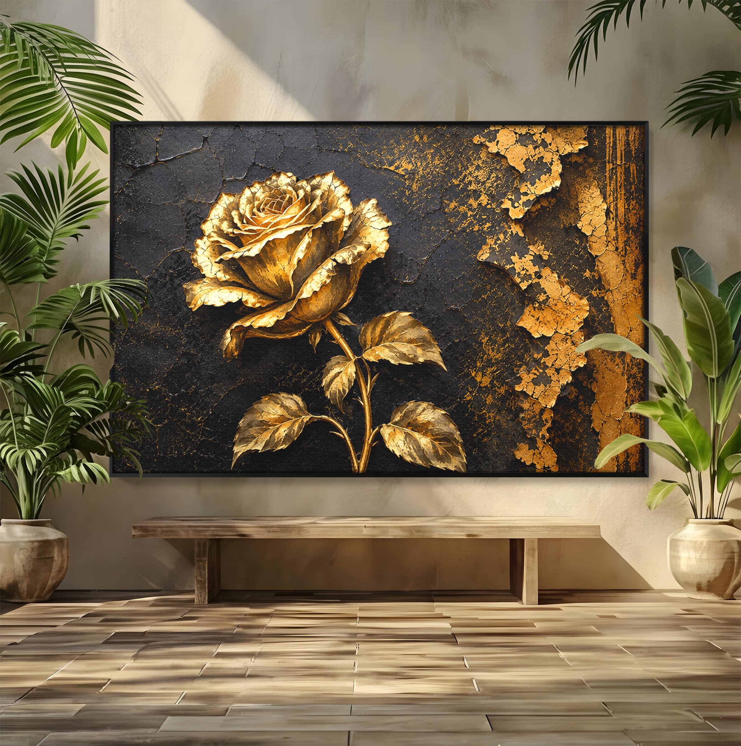 Tablou Canvas Premium LuxCanva® A1871, Trandafir Auriu, Trandafir, Floare, Auriu, Arta, Living, Dormitor, Culori Vibrante