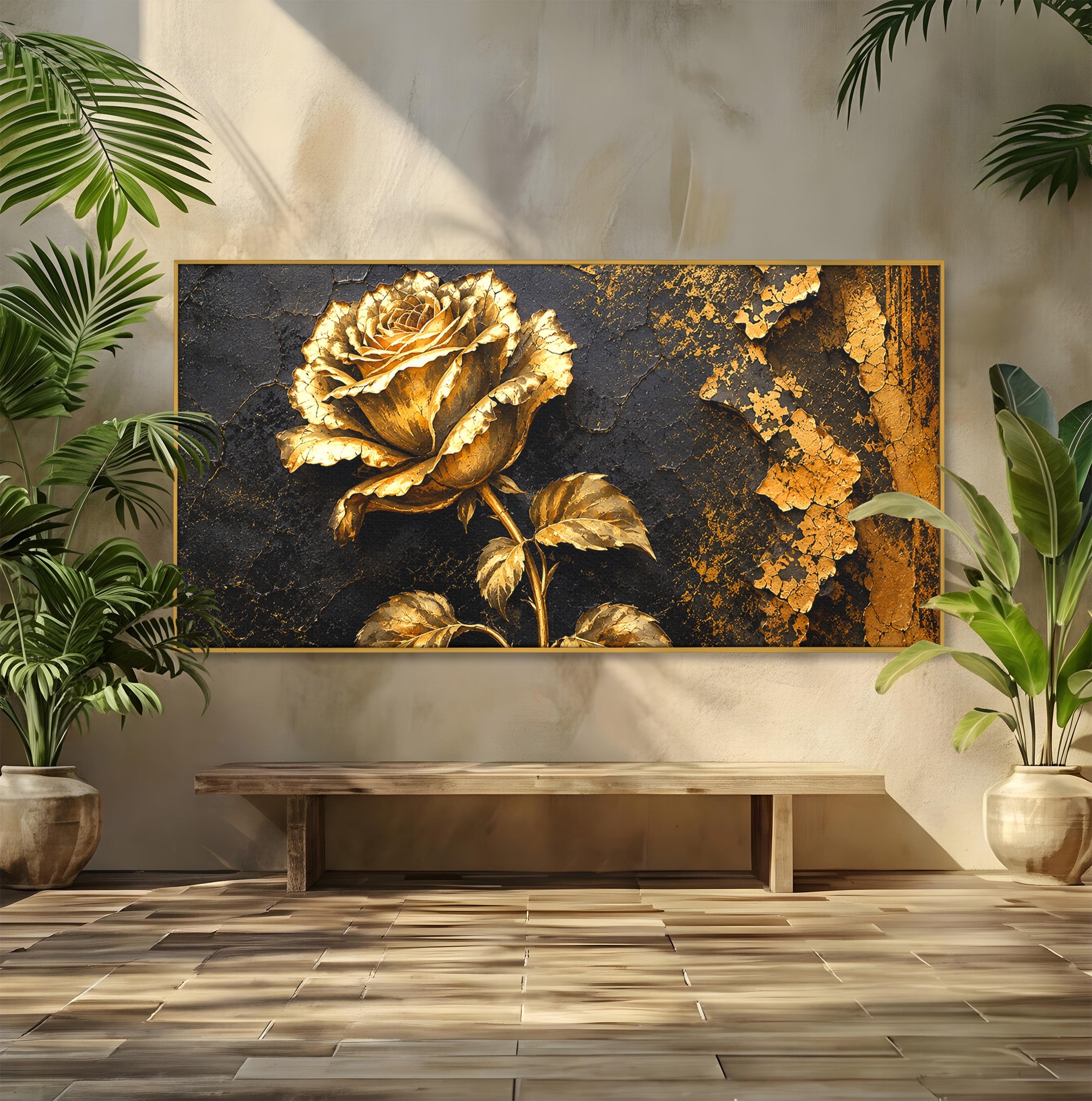 Tablou Canvas Premium LuxCanva® A1871, Trandafir Auriu, Trandafir, Floare, Auriu, Arta, Living, Dormitor, Culori Vibrante