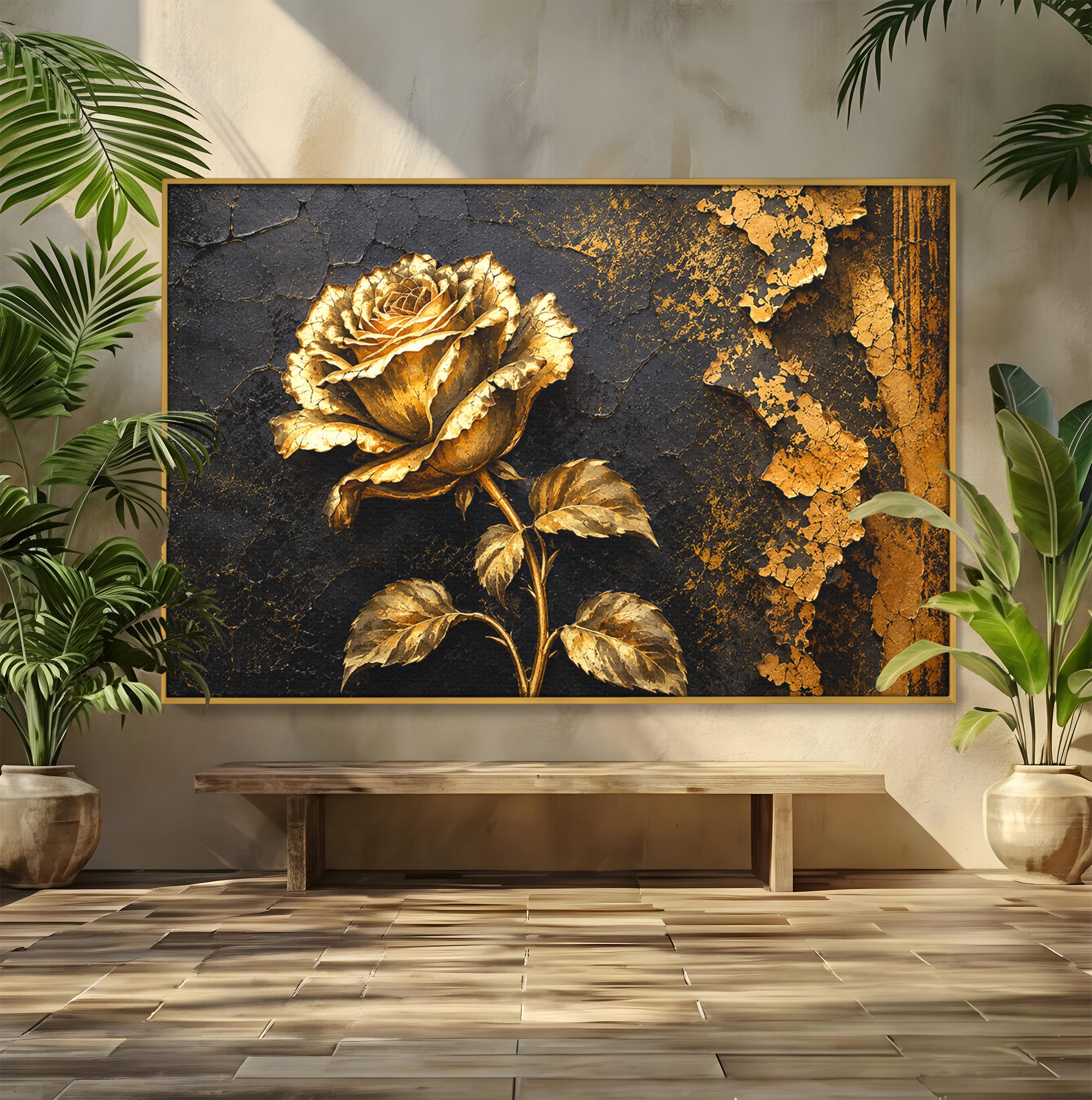 Tablou Canvas Premium LuxCanva® A1871, Trandafir Auriu, Trandafir, Floare, Auriu, Arta, Living, Dormitor, Culori Vibrante