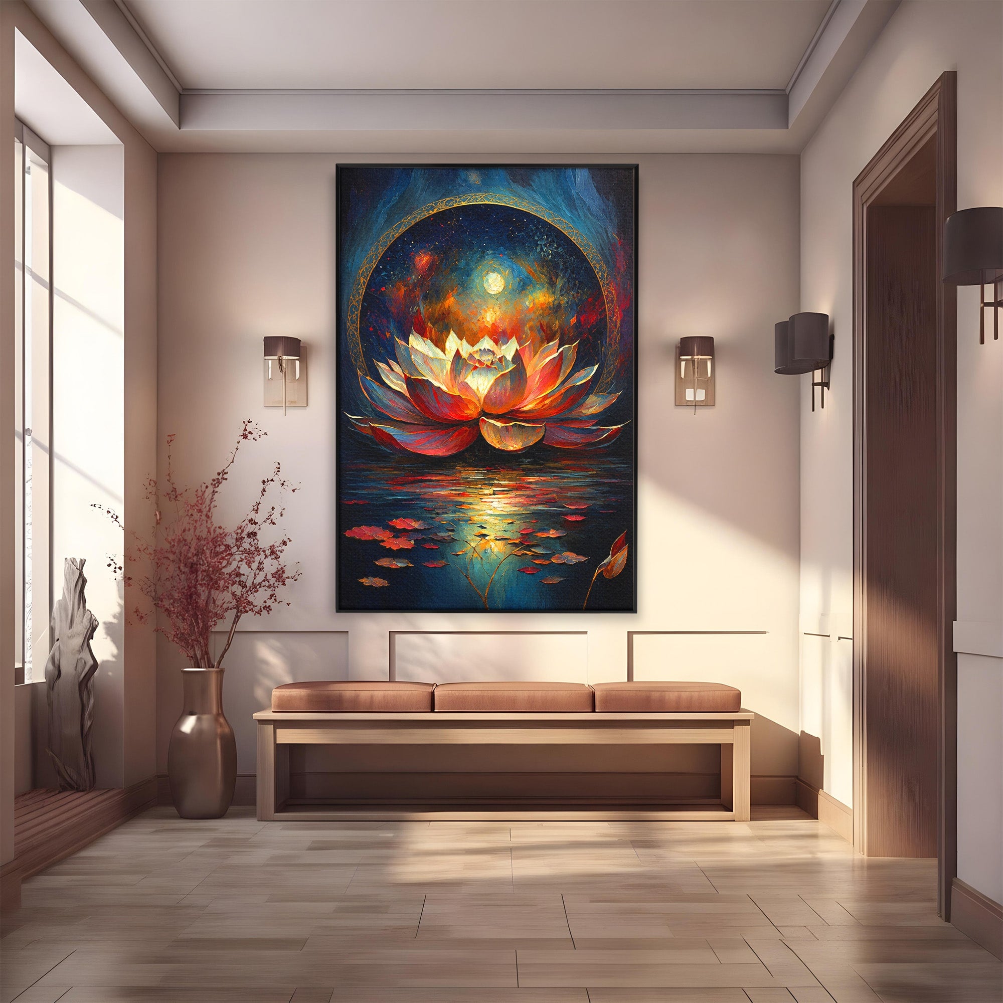 Tablou Canvas Premium LuxCanva® A1872, Floare De Lotus Mistica, Floare, Lotus, Mistic, Apus, Living, Dormitor, Culori Vibrante