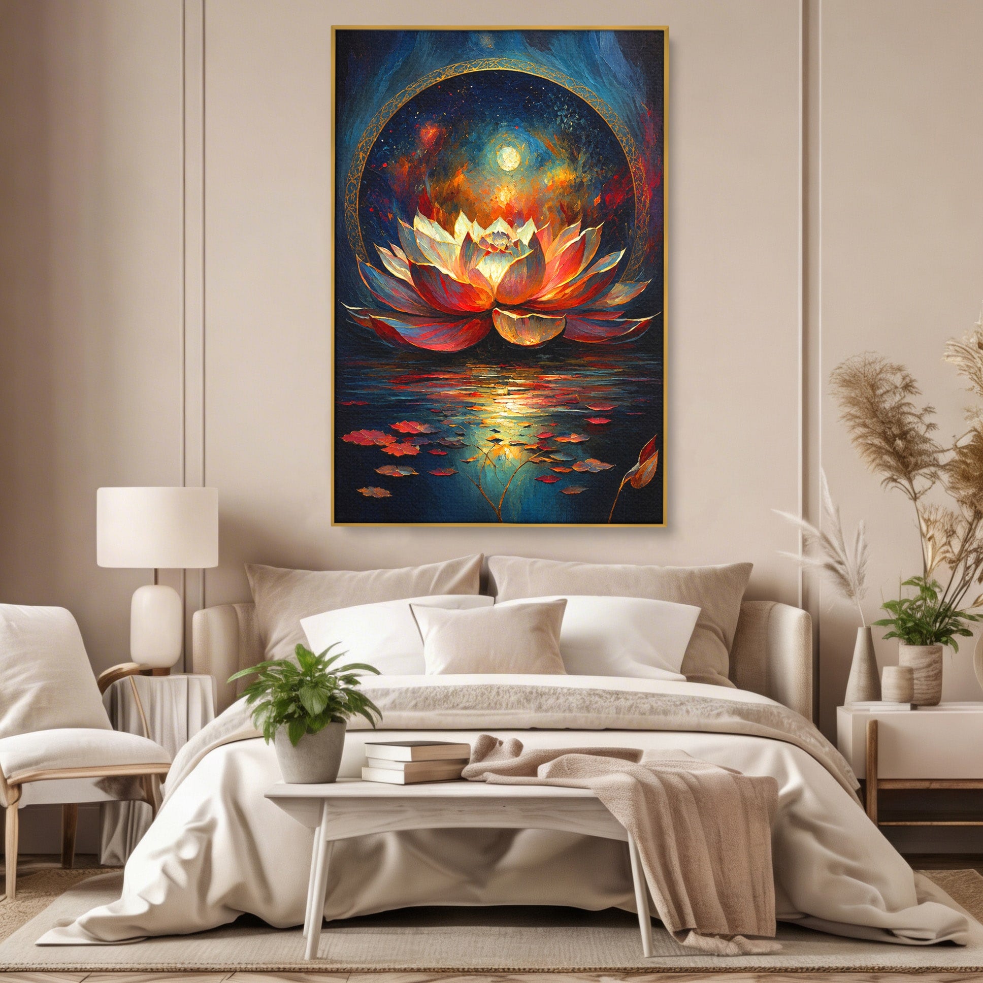 Tablou Canvas Premium LuxCanva® A1872, Floare De Lotus Mistica, Floare, Lotus, Mistic, Apus, Living, Dormitor, Culori Vibrante