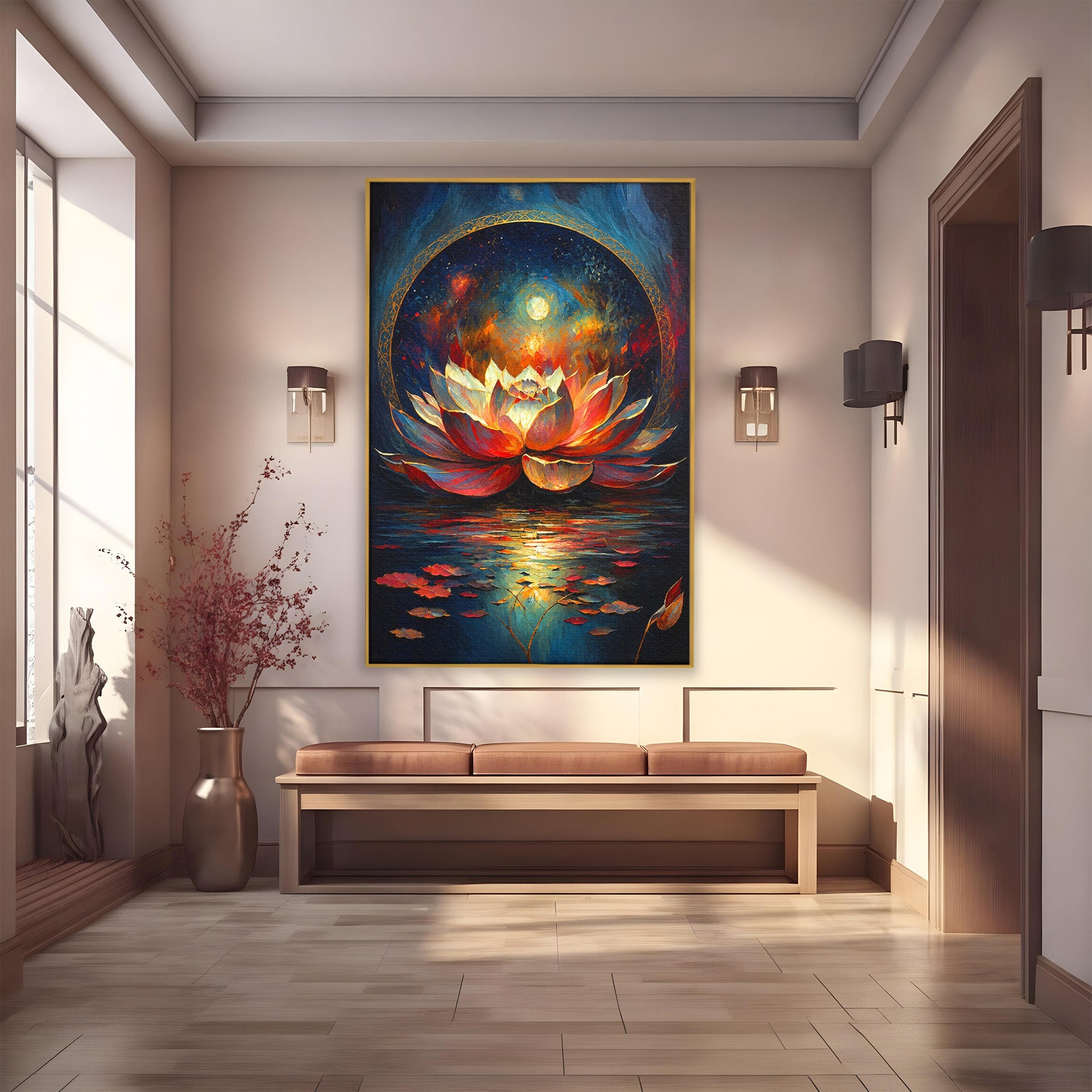 Tablou Canvas Premium LuxCanva® A1872, Floare De Lotus Mistica, Floare, Lotus, Mistic, Apus, Living, Dormitor, Culori Vibrante