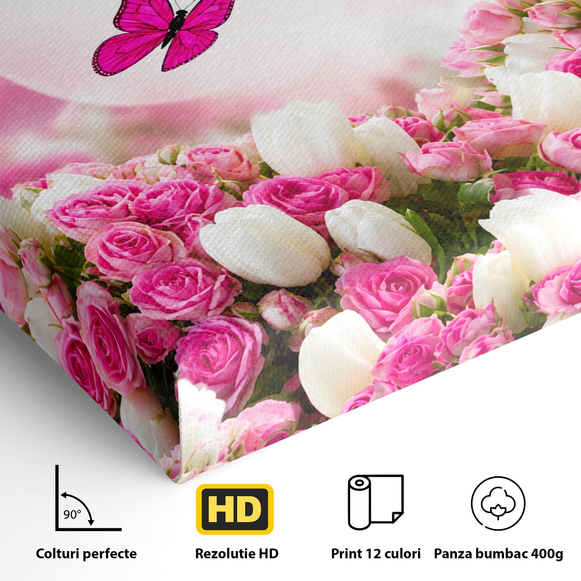 Tablou Canvas Premium LuxCanva® A1875, Gradina Cu Fluturi Roz, Flori, Fluturi, Natura, Dormitor, Living, Culori Vibrante
