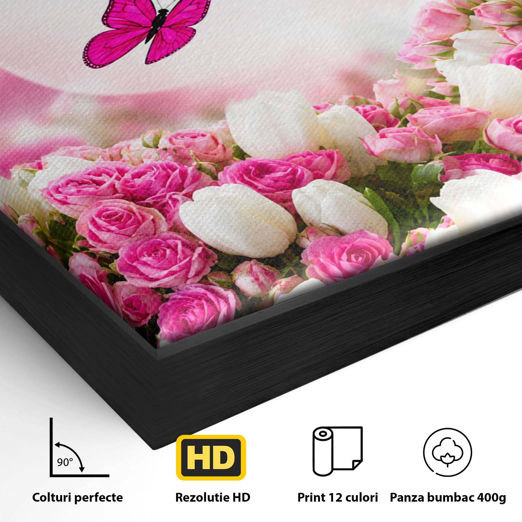 Tablou Canvas Premium LuxCanva® A1875, Gradina Cu Fluturi Roz, Flori, Fluturi, Natura, Dormitor, Living, Culori Vibrante