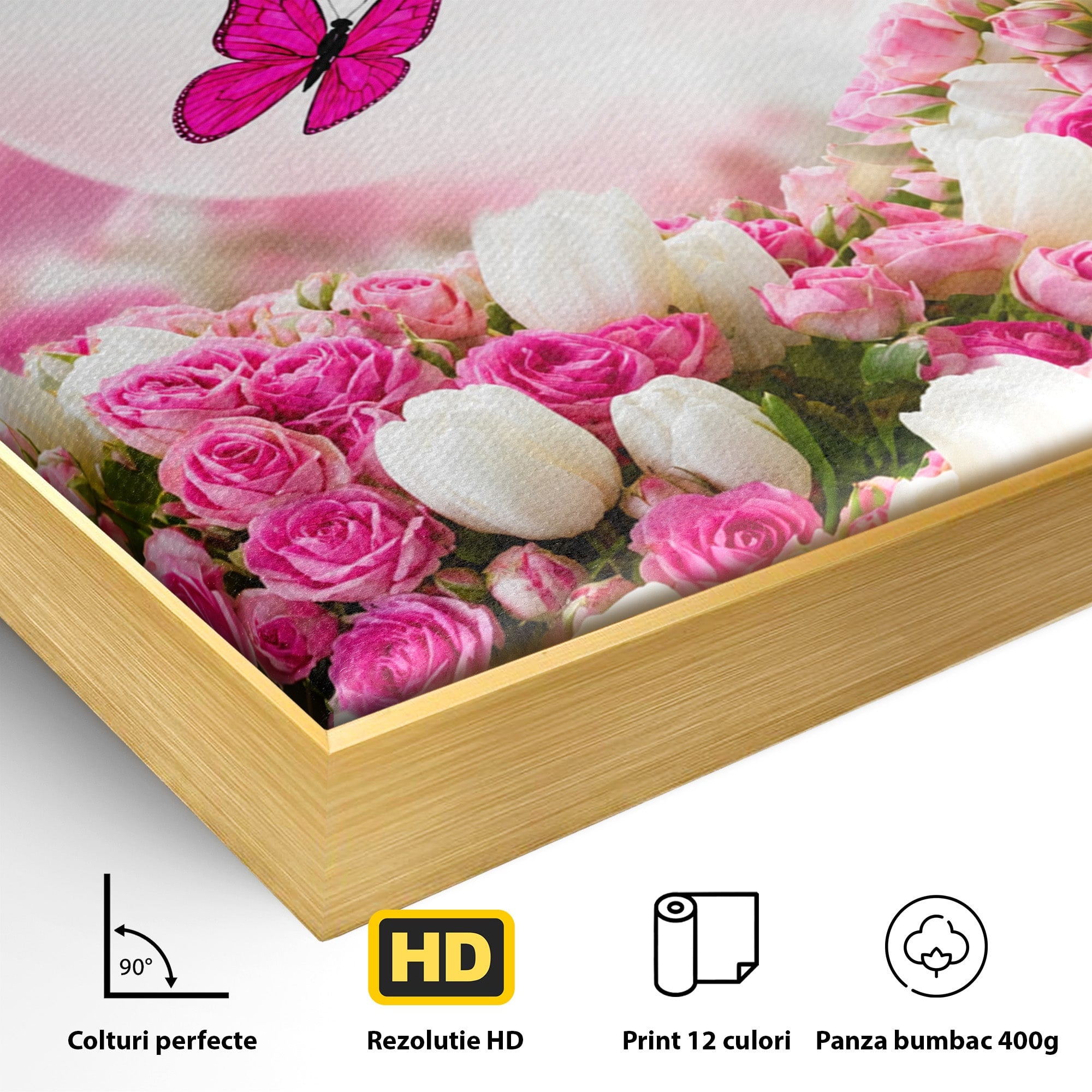 Tablou Canvas Premium LuxCanva® A1875, Gradina Cu Fluturi Roz, Flori, Fluturi, Natura, Dormitor, Living, Culori Vibrante