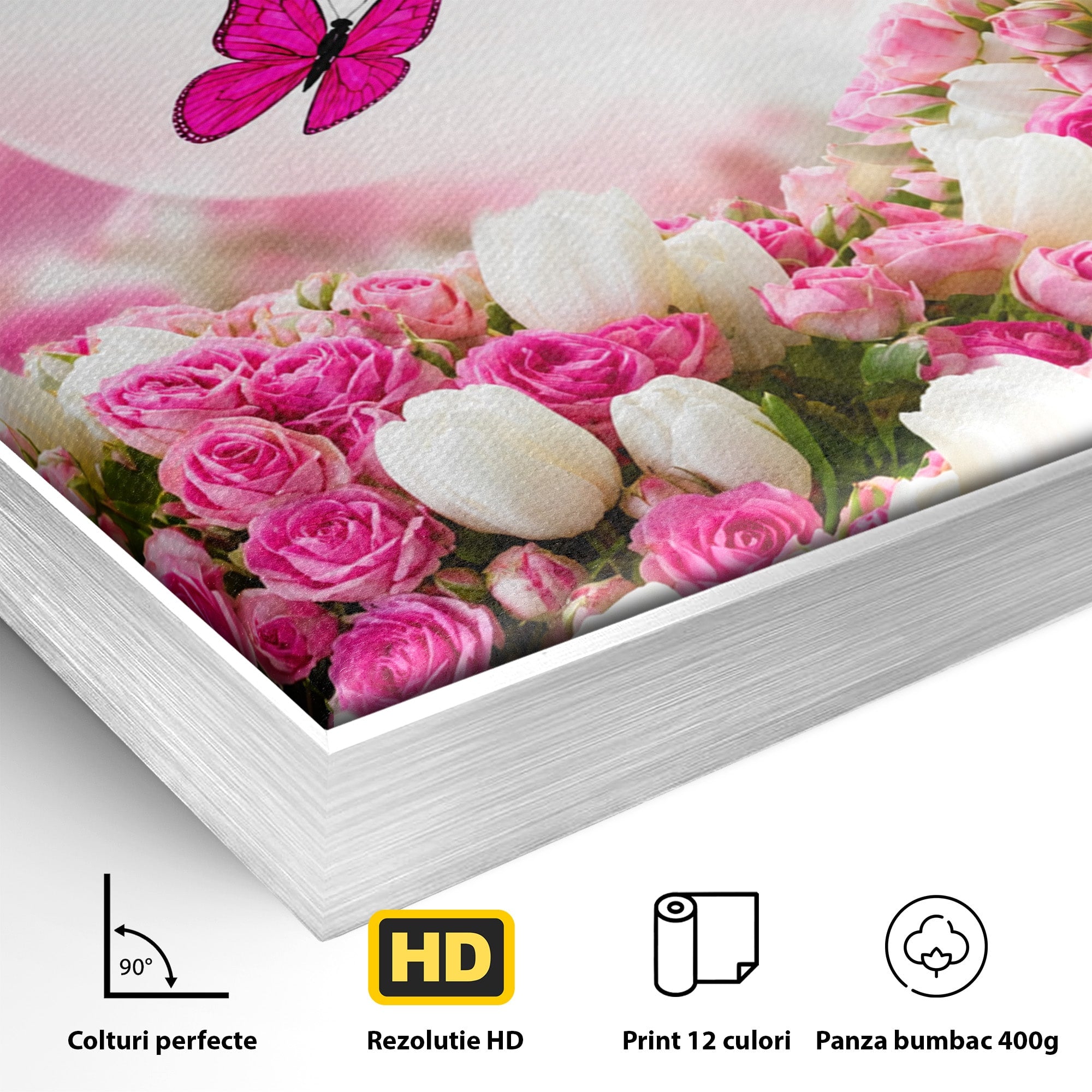Tablou Canvas Premium LuxCanva® A1875, Gradina Cu Fluturi Roz, Flori, Fluturi, Natura, Dormitor, Living, Culori Vibrante