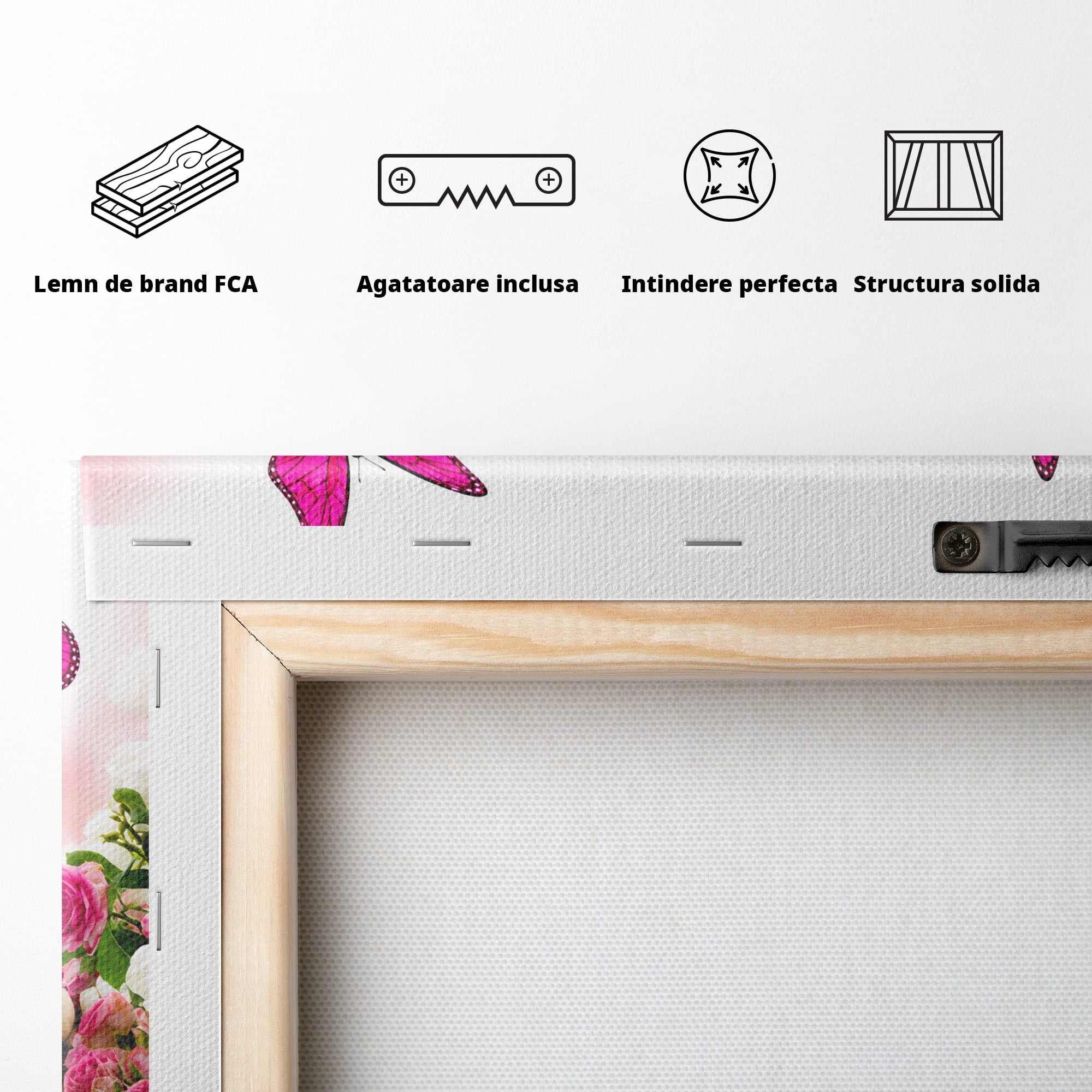 Tablou Canvas Premium LuxCanva® A1875, Gradina Cu Fluturi Roz, Flori, Fluturi, Natura, Dormitor, Living, Culori Vibrante