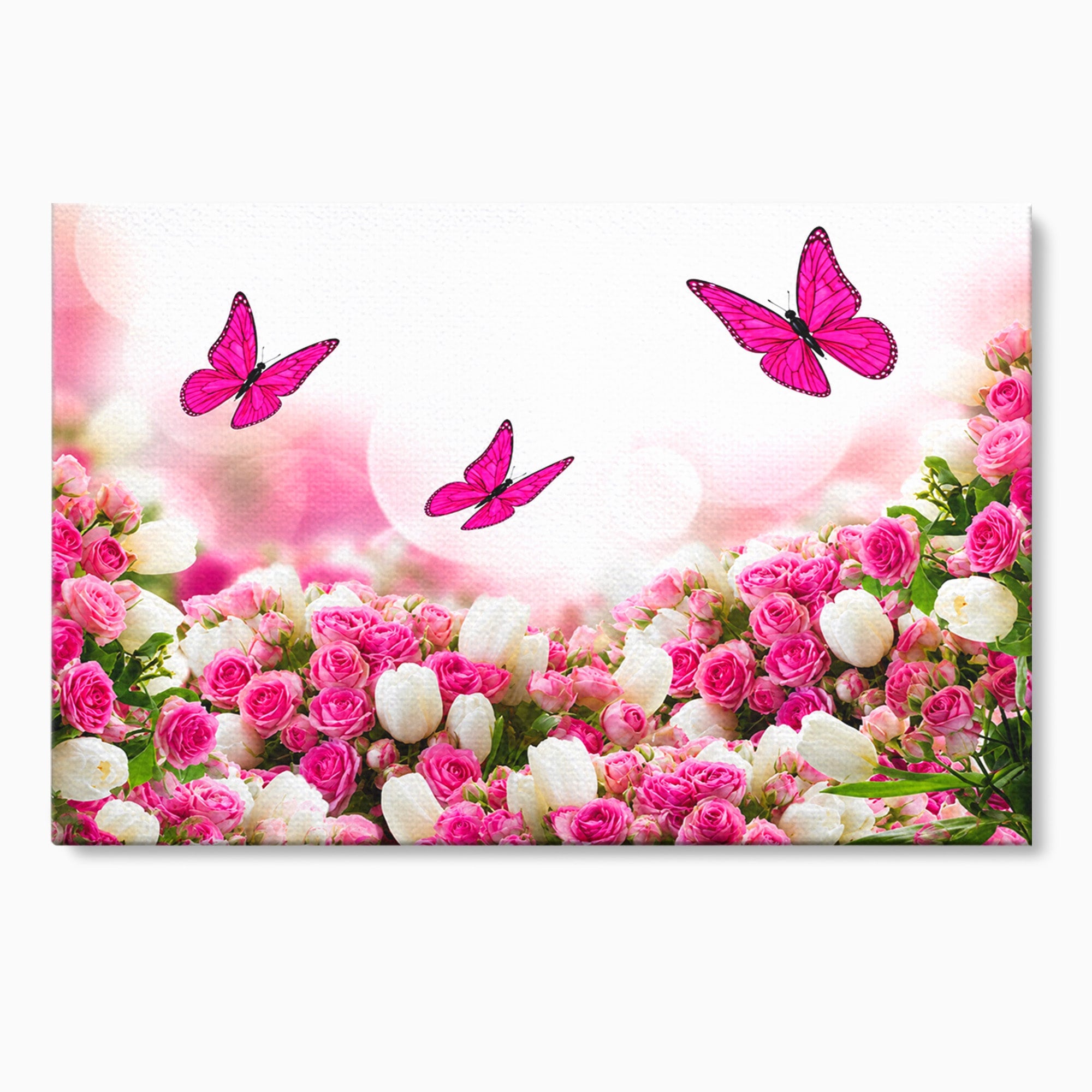 Tablou Canvas Premium LuxCanva® A1875, Gradina Cu Fluturi Roz, Flori, Fluturi, Natura, Dormitor, Living, Culori Vibrante