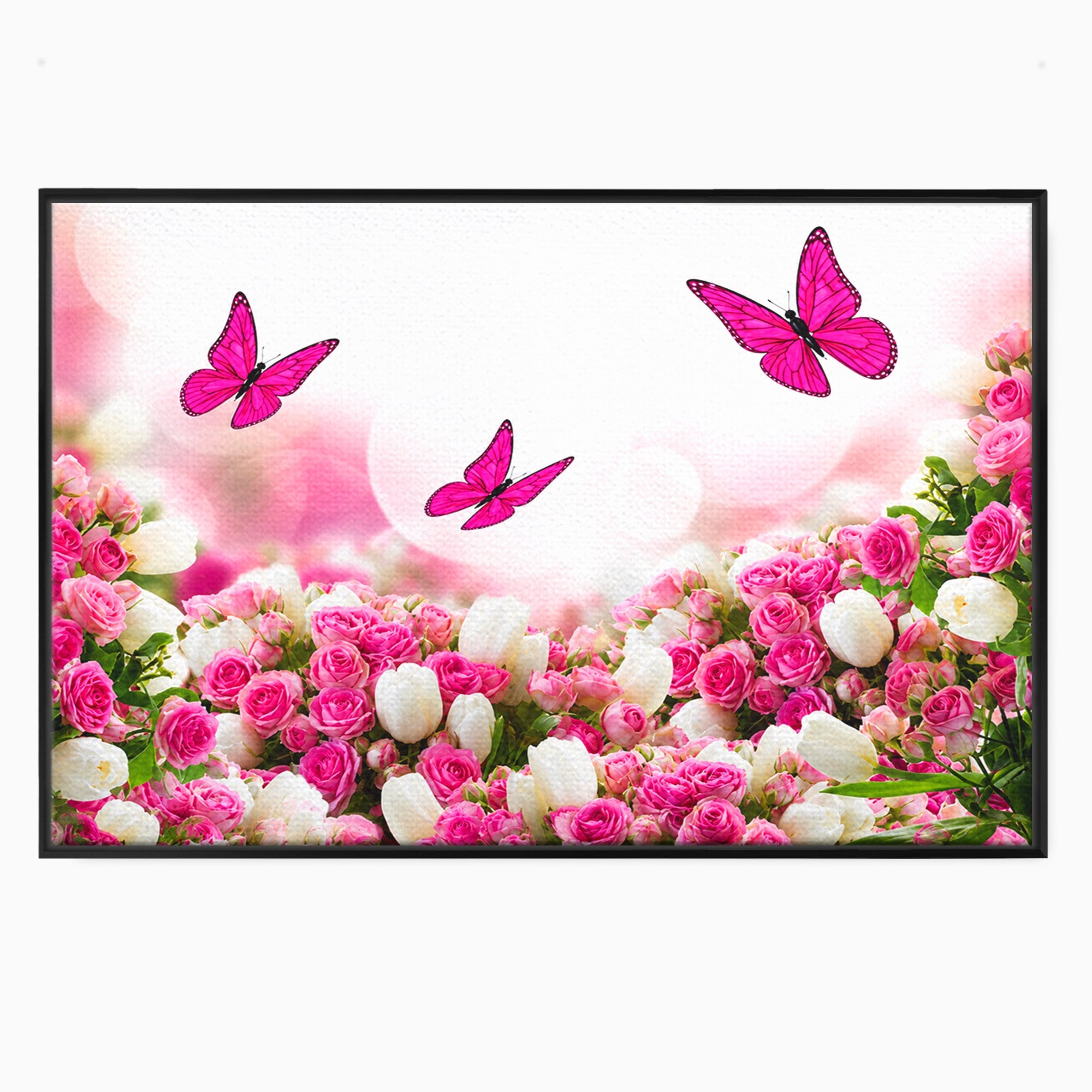 Tablou Canvas Premium LuxCanva® A1875, Gradina Cu Fluturi Roz, Flori, Fluturi, Natura, Dormitor, Living, Culori Vibrante