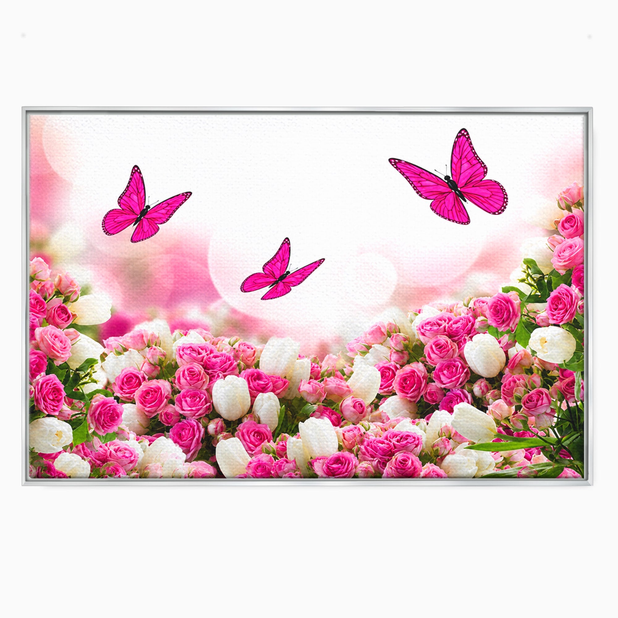 Tablou Canvas Premium LuxCanva® A1875, Gradina Cu Fluturi Roz, Flori, Fluturi, Natura, Dormitor, Living, Culori Vibrante