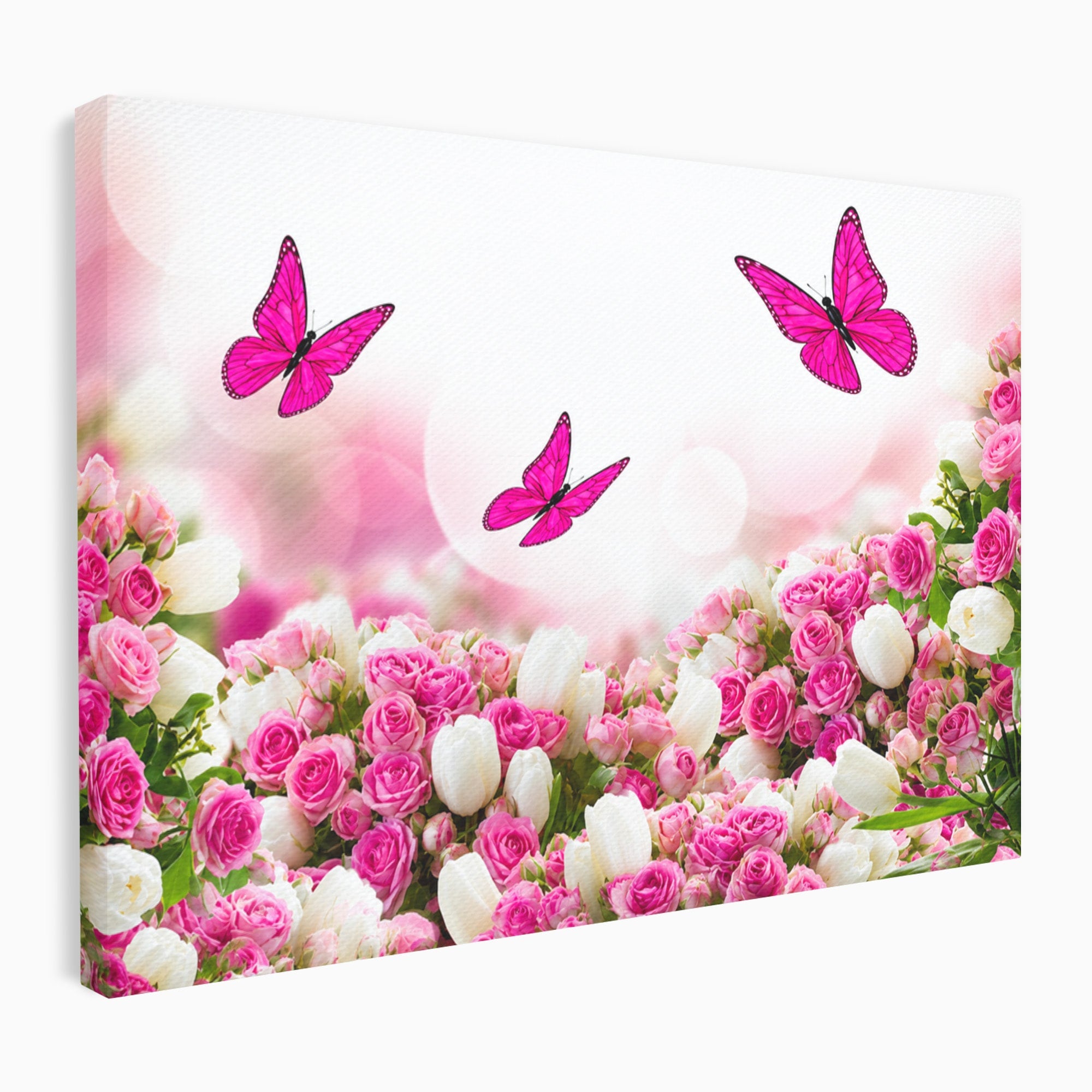 Tablou Canvas Premium LuxCanva® A1875, Gradina Cu Fluturi Roz, Flori, Fluturi, Natura, Dormitor, Living, Culori Vibrante