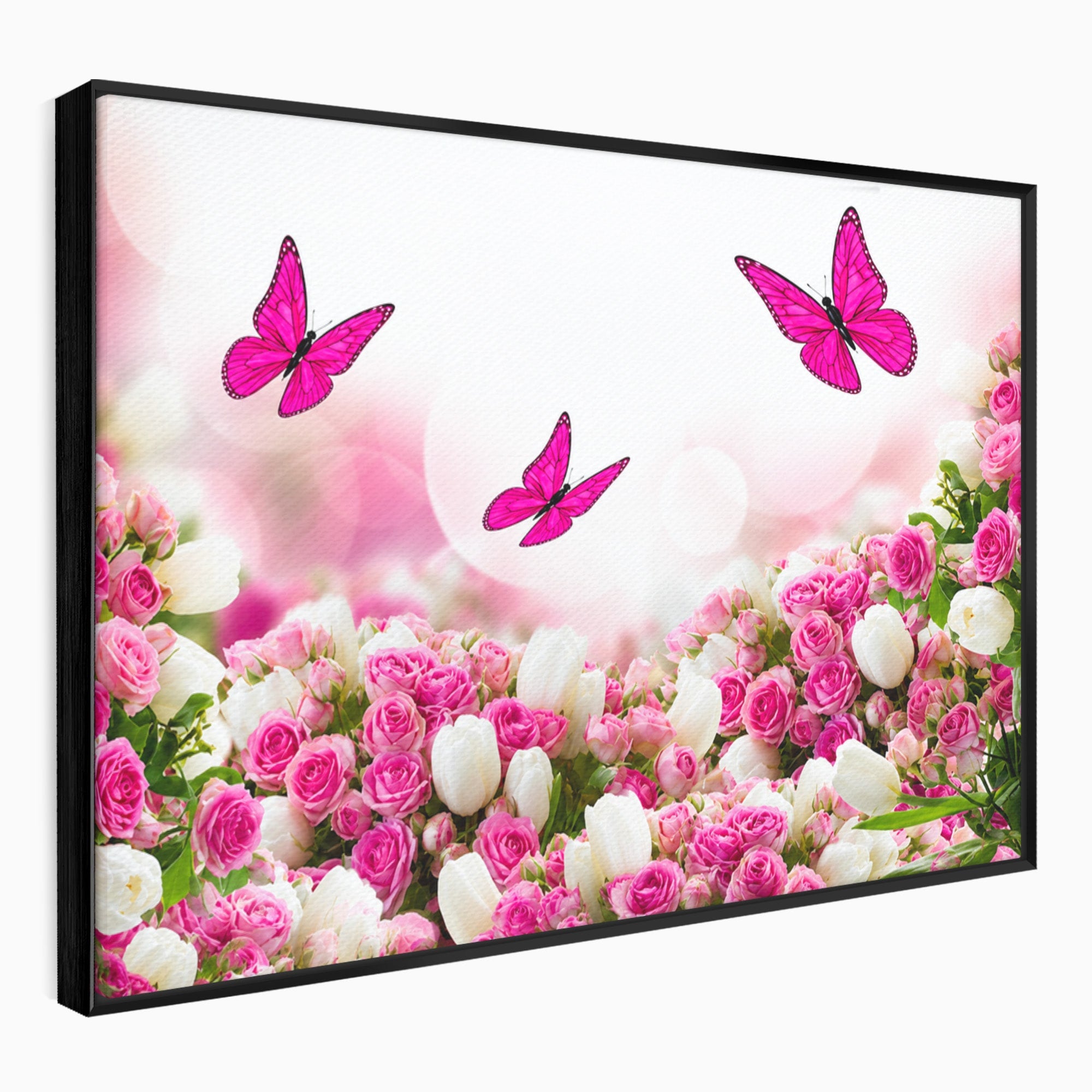 Tablou Canvas Premium LuxCanva® A1875, Gradina Cu Fluturi Roz, Flori, Fluturi, Natura, Dormitor, Living, Culori Vibrante