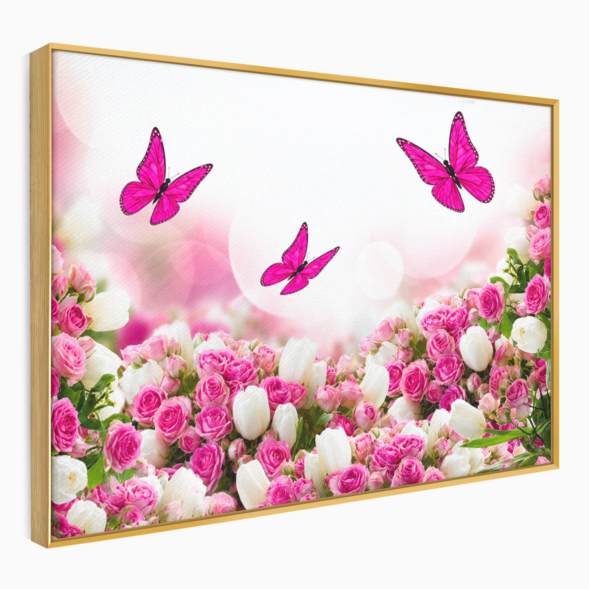Tablou Canvas Premium LuxCanva® A1875, Gradina Cu Fluturi Roz, Flori, Fluturi, Natura, Dormitor, Living, Culori Vibrante