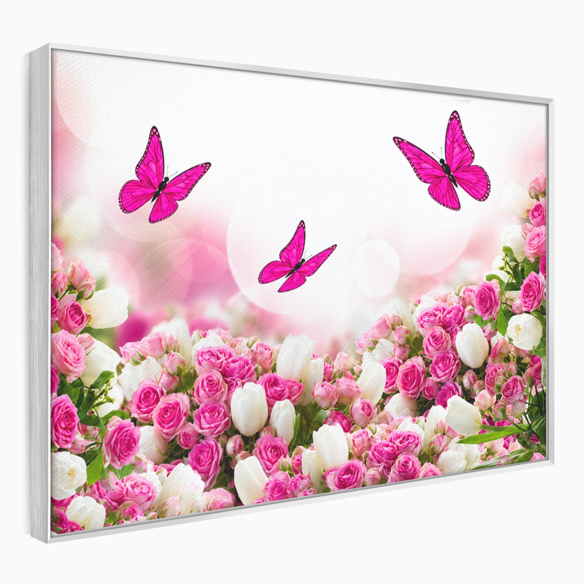 Tablou Canvas Premium LuxCanva® A1875, Gradina Cu Fluturi Roz, Flori, Fluturi, Natura, Dormitor, Living, Culori Vibrante