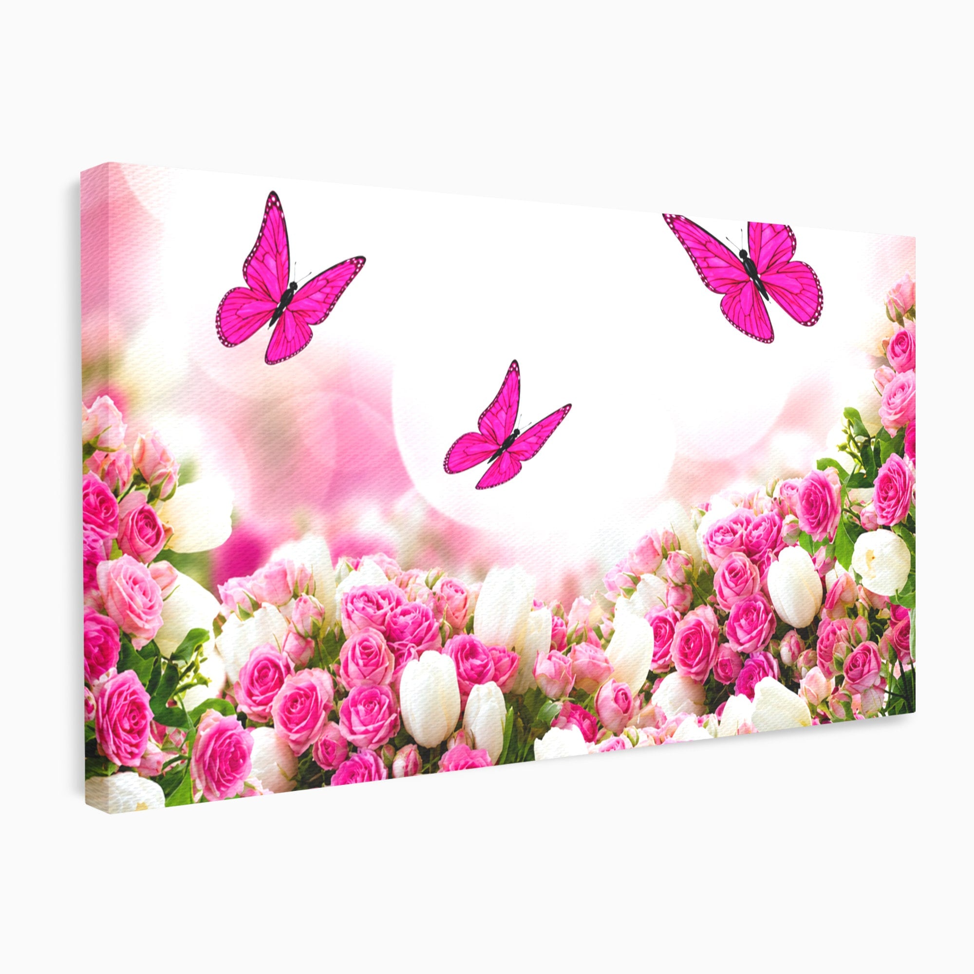 Tablou Canvas Premium LuxCanva® A1875, Gradina Cu Fluturi Roz, Flori, Fluturi, Natura, Dormitor, Living, Culori Vibrante