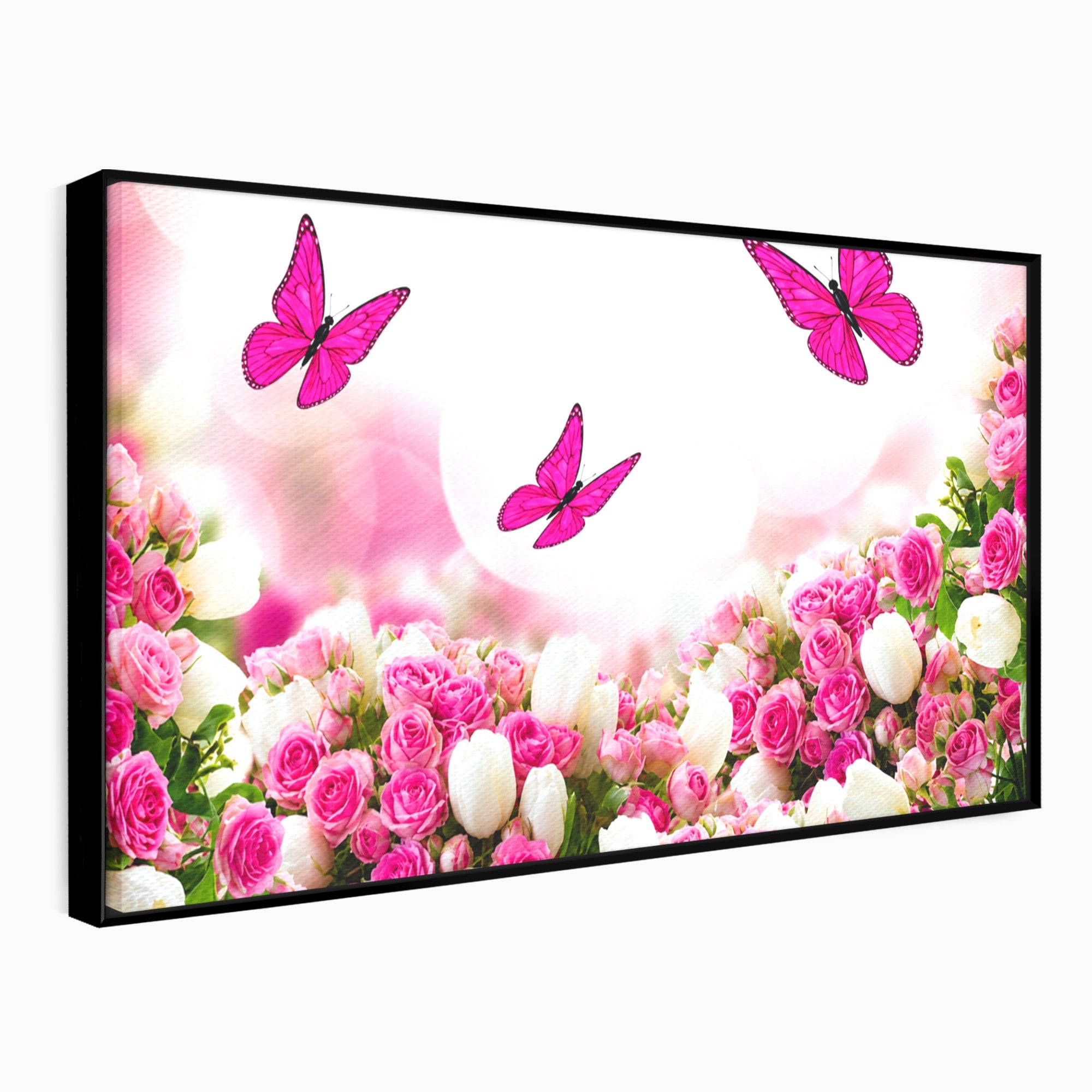 Tablou Canvas Premium LuxCanva® A1875, Gradina Cu Fluturi Roz, Flori, Fluturi, Natura, Dormitor, Living, Culori Vibrante