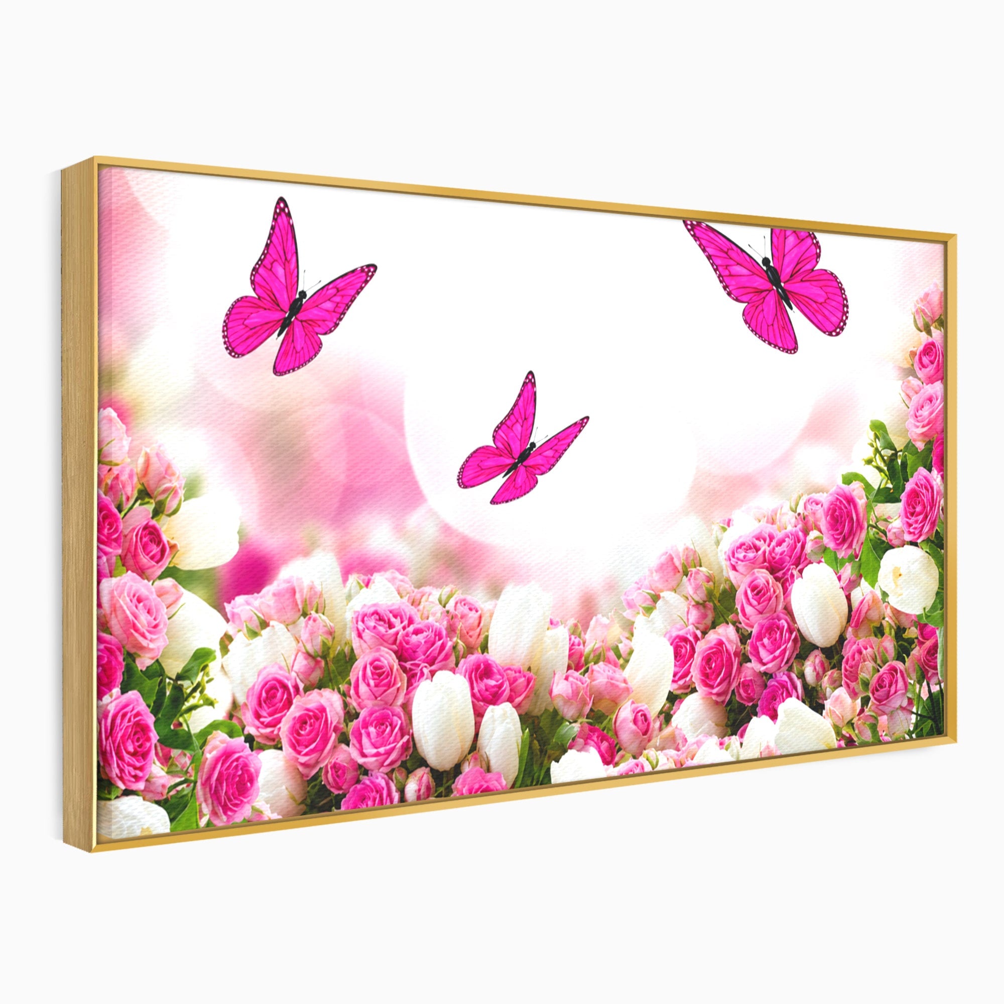 Tablou Canvas Premium LuxCanva® A1875, Gradina Cu Fluturi Roz, Flori, Fluturi, Natura, Dormitor, Living, Culori Vibrante