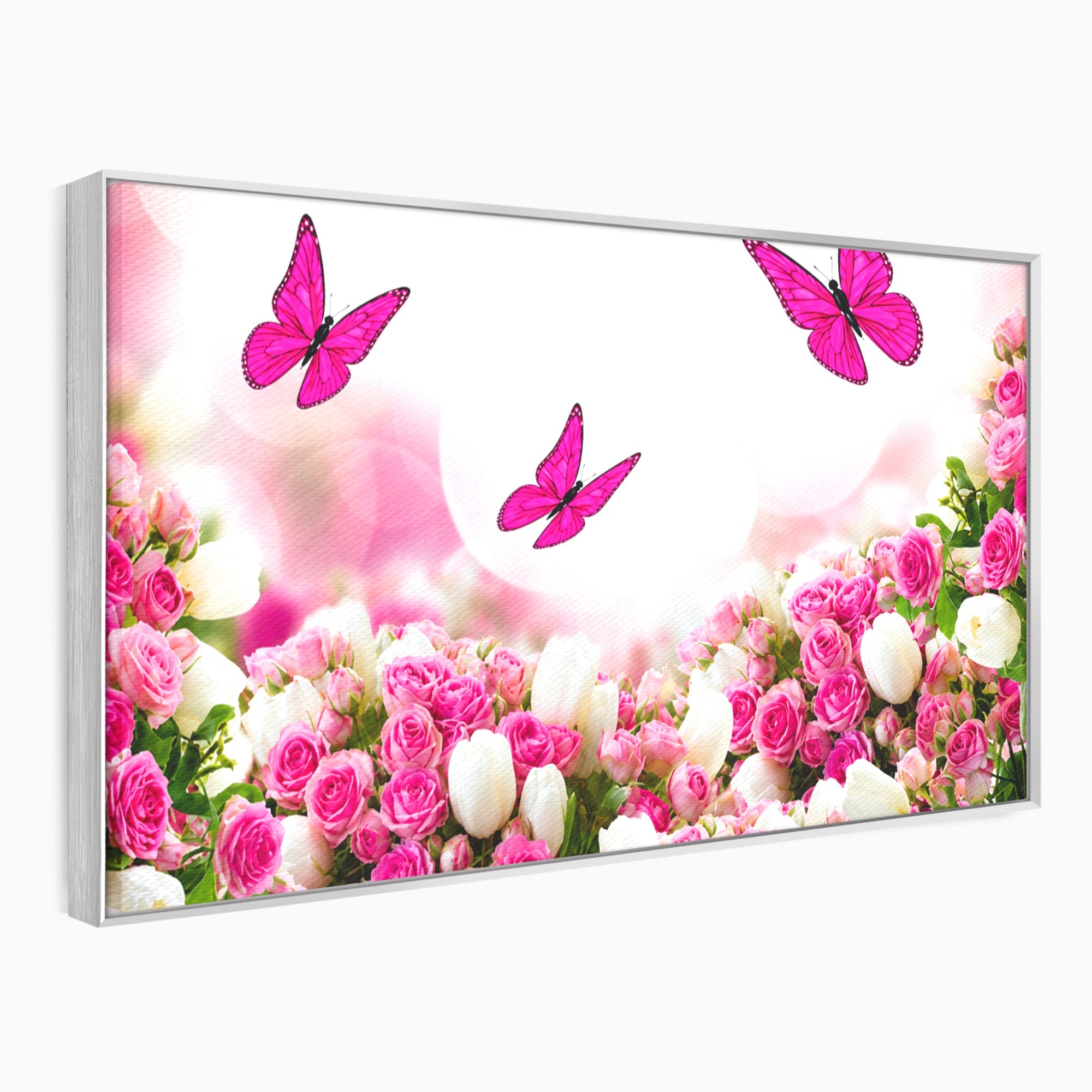 Tablou Canvas Premium LuxCanva® A1875, Gradina Cu Fluturi Roz, Flori, Fluturi, Natura, Dormitor, Living, Culori Vibrante
