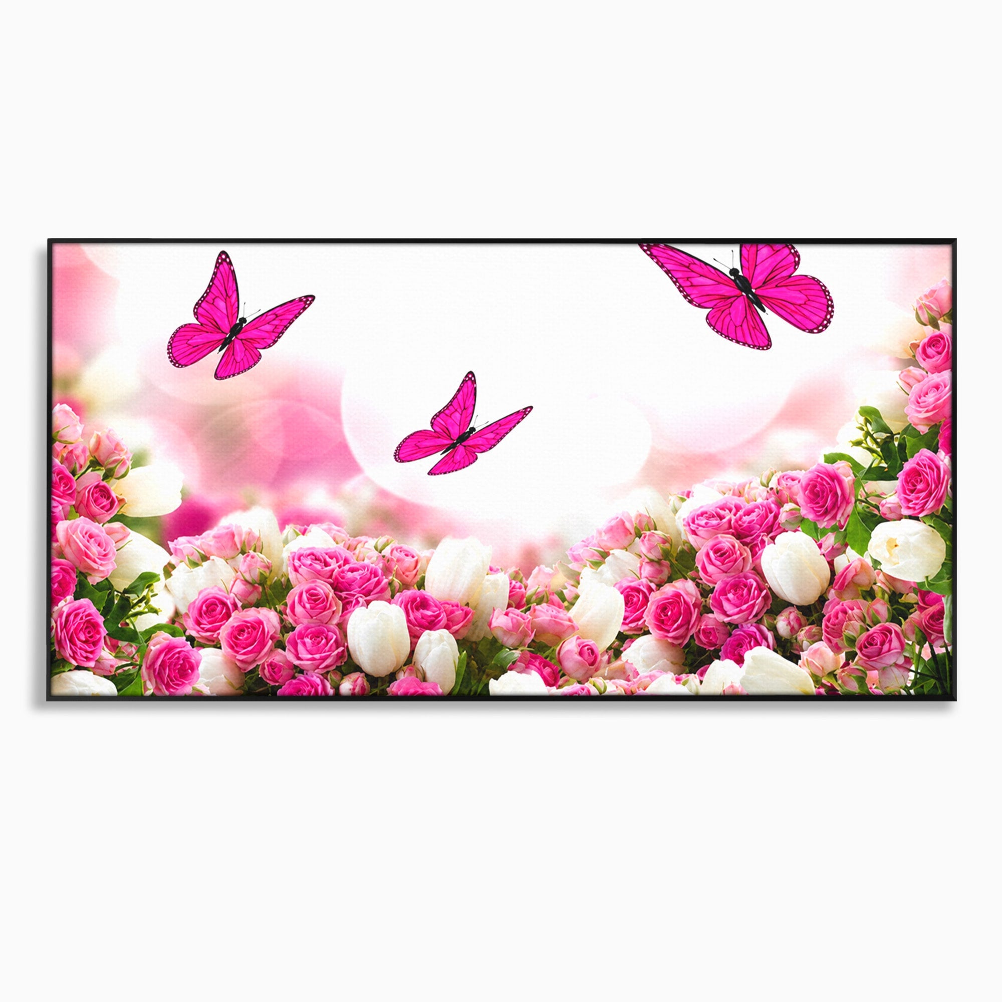 Tablou Canvas Premium LuxCanva® A1875, Gradina Cu Fluturi Roz, Flori, Fluturi, Natura, Dormitor, Living, Culori Vibrante