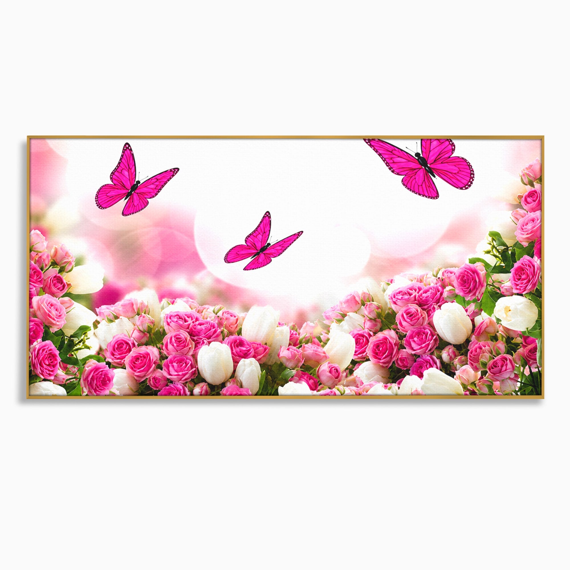 Tablou Canvas Premium LuxCanva® A1875, Gradina Cu Fluturi Roz, Flori, Fluturi, Natura, Dormitor, Living, Culori Vibrante