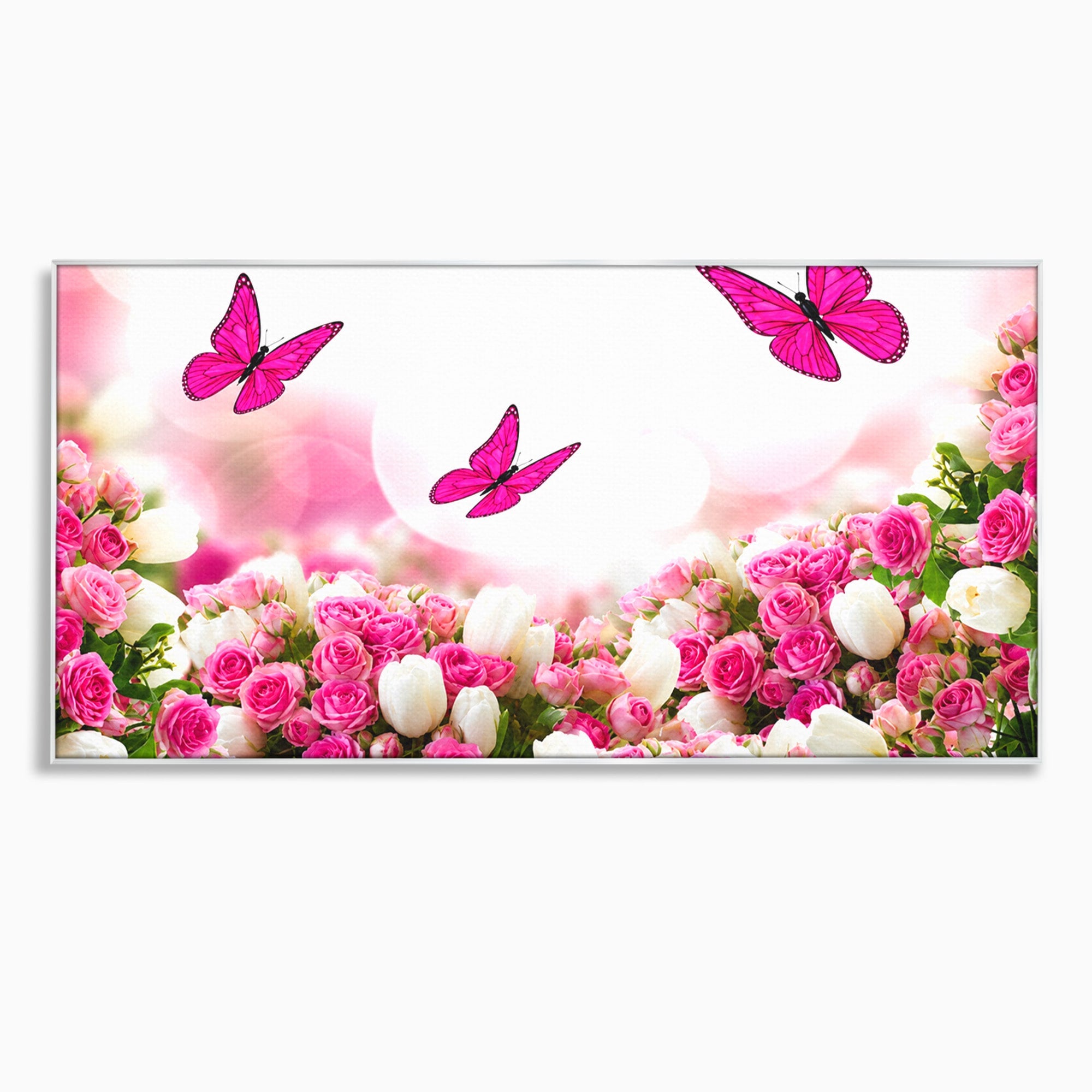 Tablou Canvas Premium LuxCanva® A1875, Gradina Cu Fluturi Roz, Flori, Fluturi, Natura, Dormitor, Living, Culori Vibrante