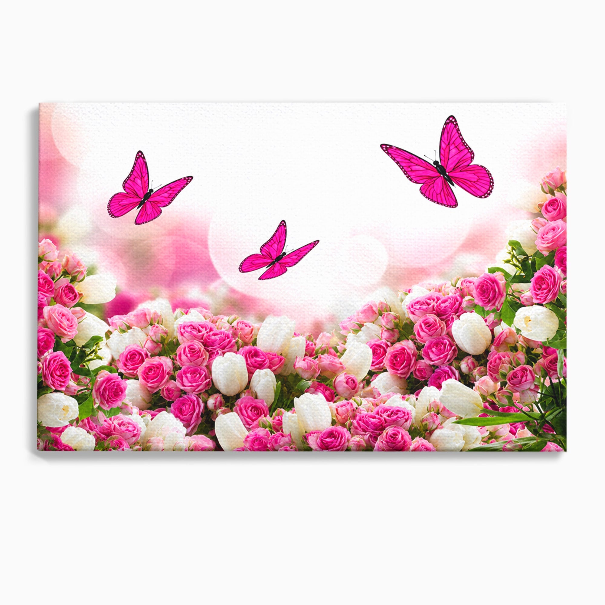 Tablou Canvas Premium LuxCanva® A1875, Gradina Cu Fluturi Roz, Flori, Fluturi, Natura, Dormitor, Living, Culori Vibrante