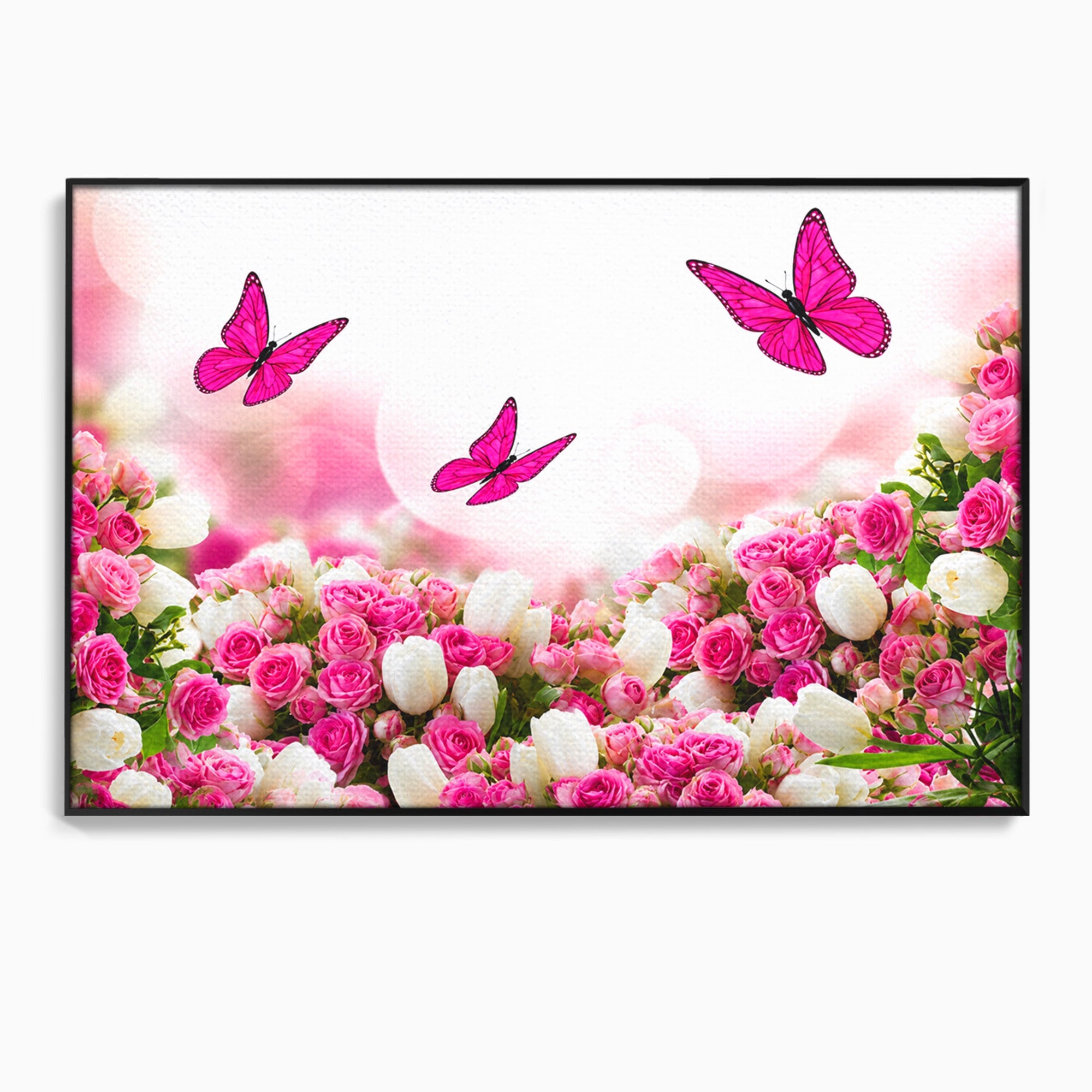 Tablou Canvas Premium LuxCanva® A1875, Gradina Cu Fluturi Roz, Flori, Fluturi, Natura, Dormitor, Living, Culori Vibrante