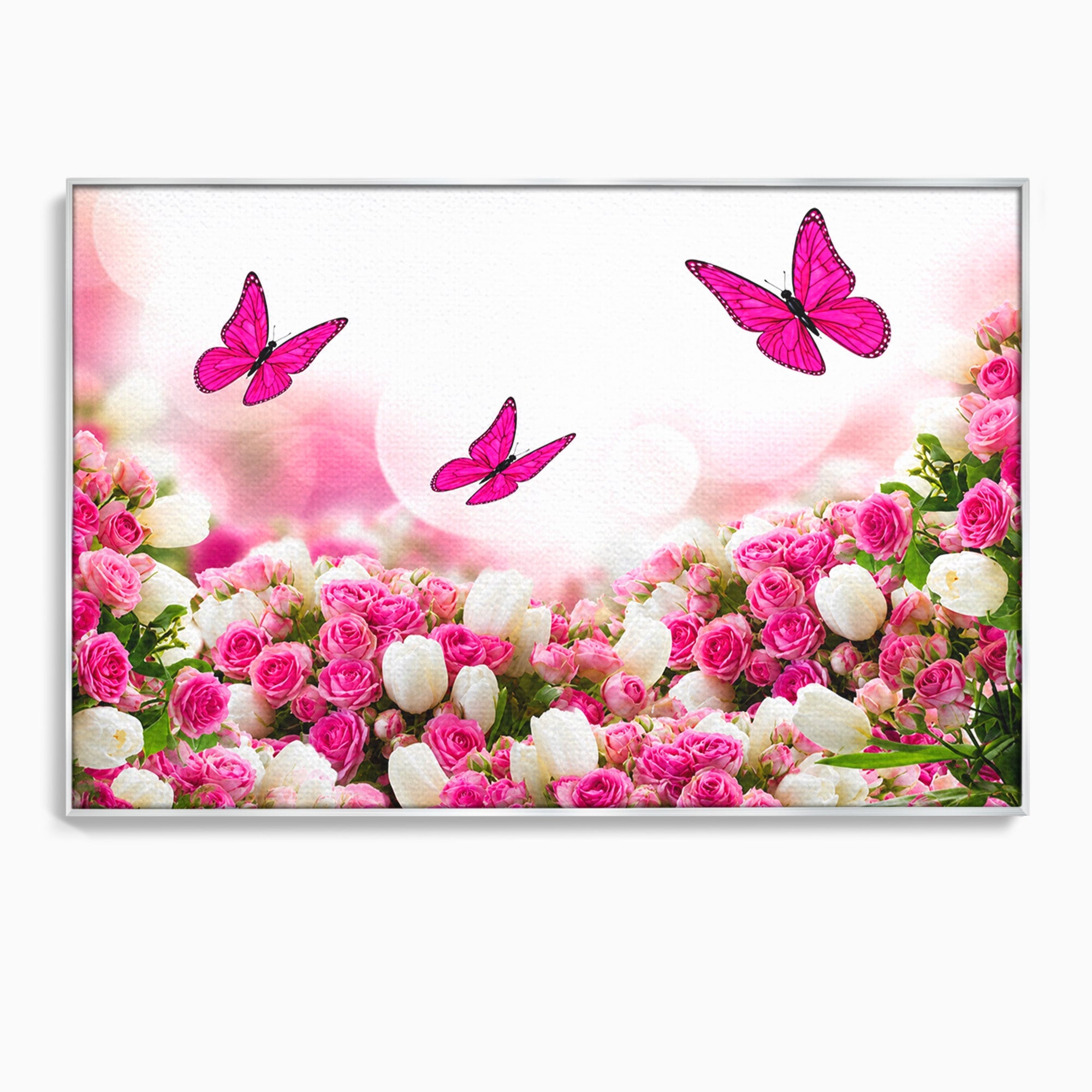 Tablou Canvas Premium LuxCanva® A1875, Gradina Cu Fluturi Roz, Flori, Fluturi, Natura, Dormitor, Living, Culori Vibrante
