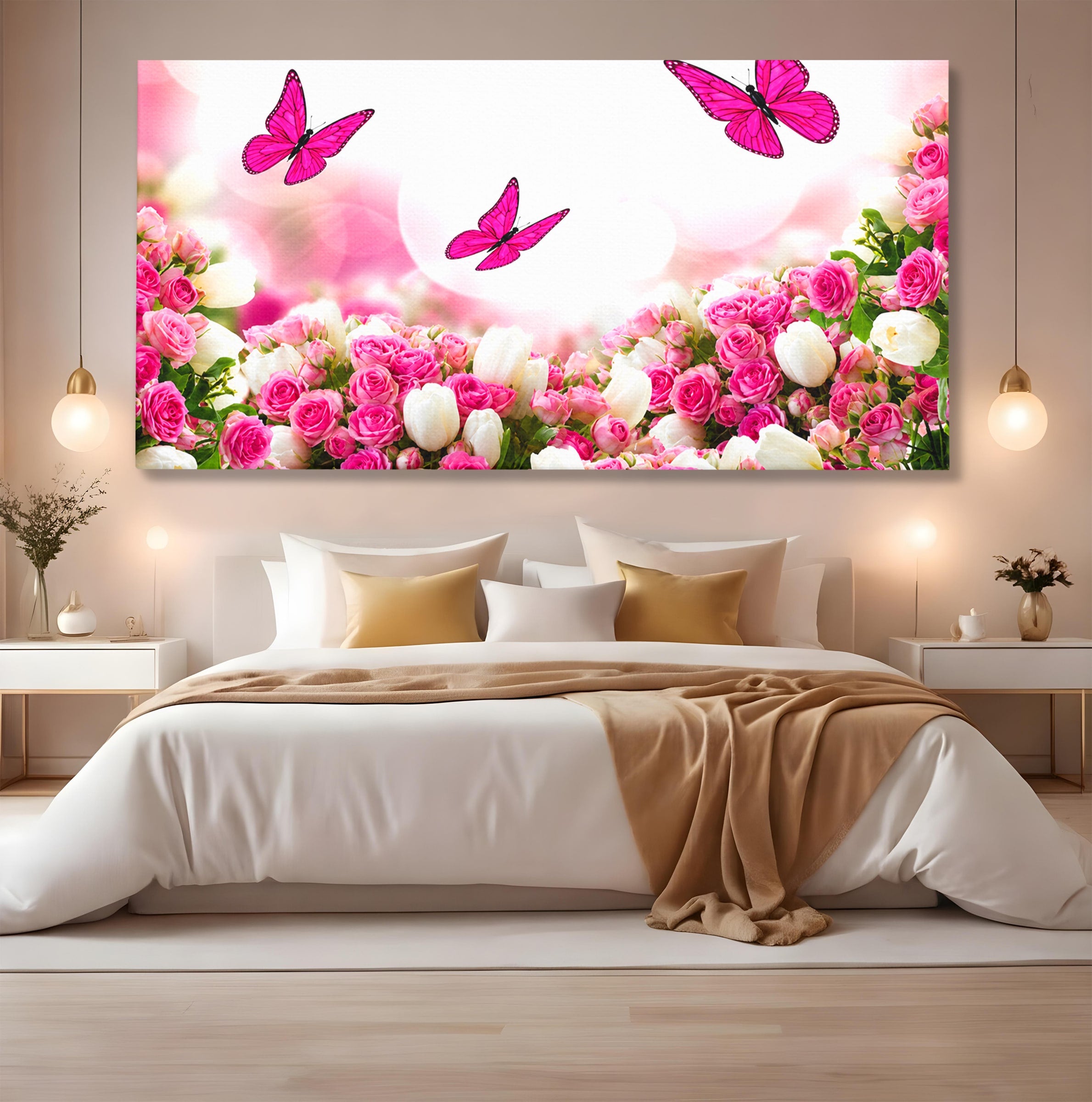 Tablou Canvas Premium LuxCanva® A1875, Gradina Cu Fluturi Roz, Flori, Fluturi, Natura, Dormitor, Living, Culori Vibrante