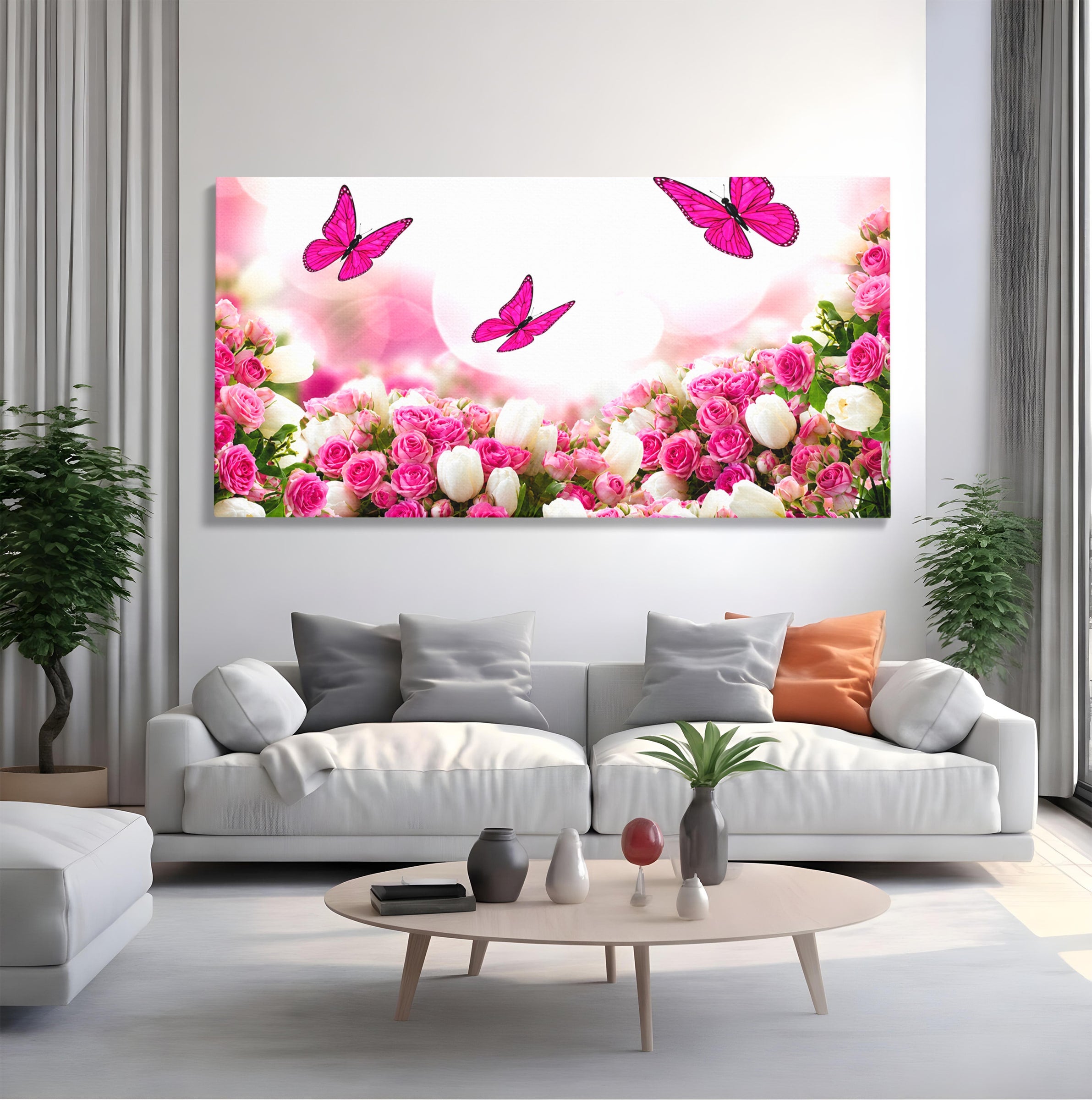Tablou Canvas Premium LuxCanva® A1875, Gradina Cu Fluturi Roz, Flori, Fluturi, Natura, Dormitor, Living, Culori Vibrante