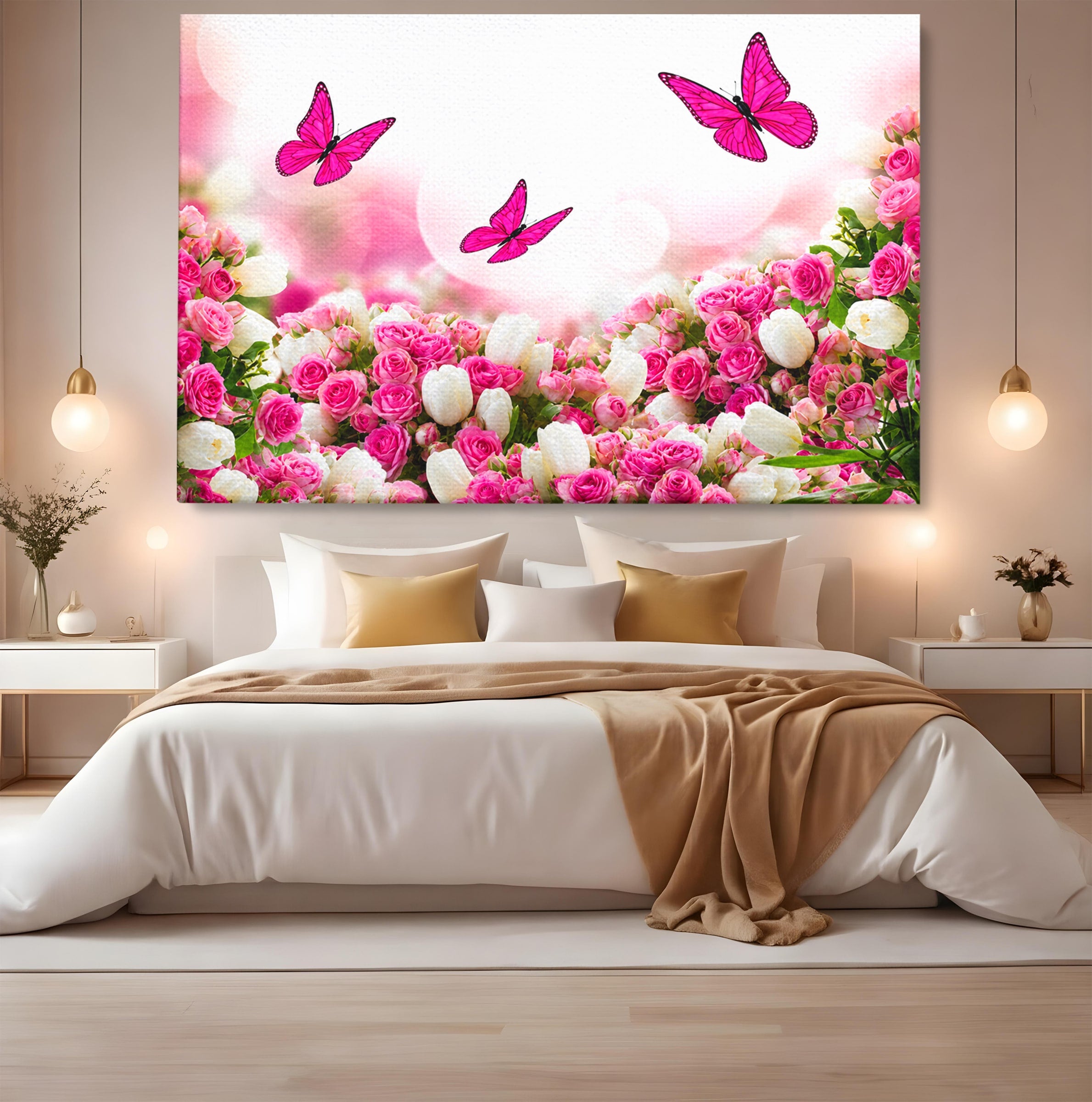 Tablou Canvas Premium LuxCanva® A1875, Gradina Cu Fluturi Roz, Flori, Fluturi, Natura, Dormitor, Living, Culori Vibrante